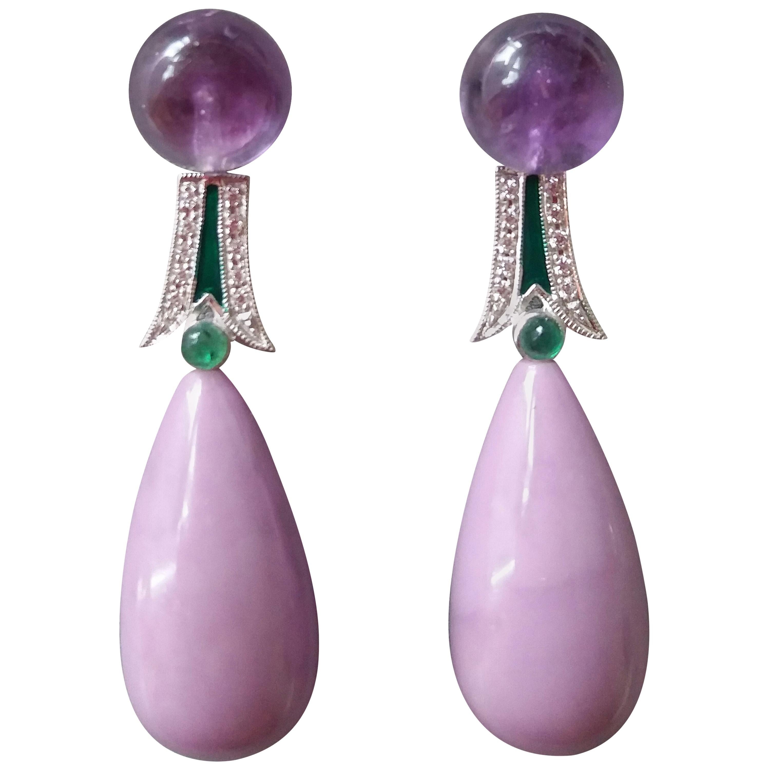 Art Deco Style Amethyst Phosphosiderite Emerald Enamel Gold Diamonds Earrings For Sale