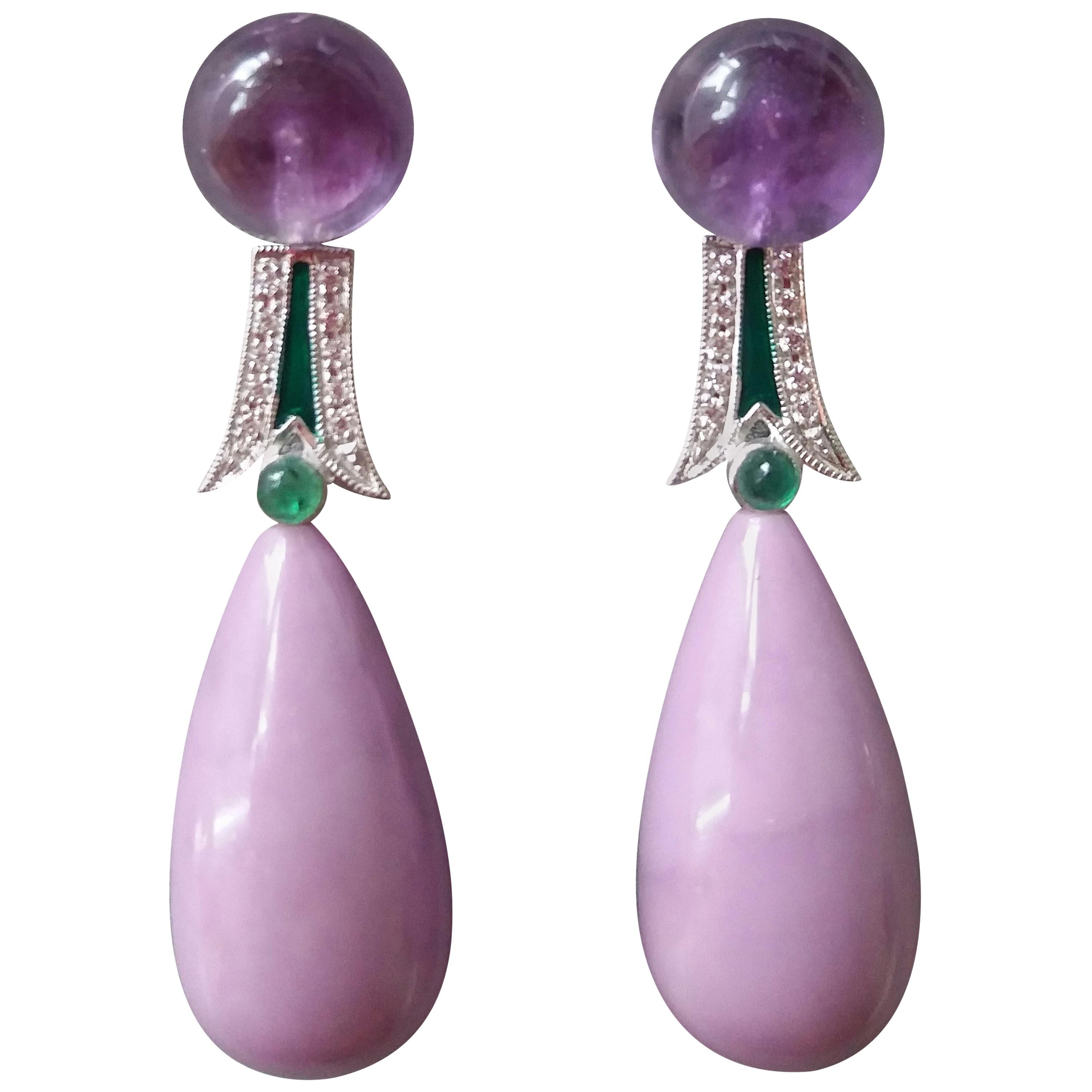 Art Deco Style Amethyst Phosphosiderite Emerald Enamel Gold Diamonds Earrings