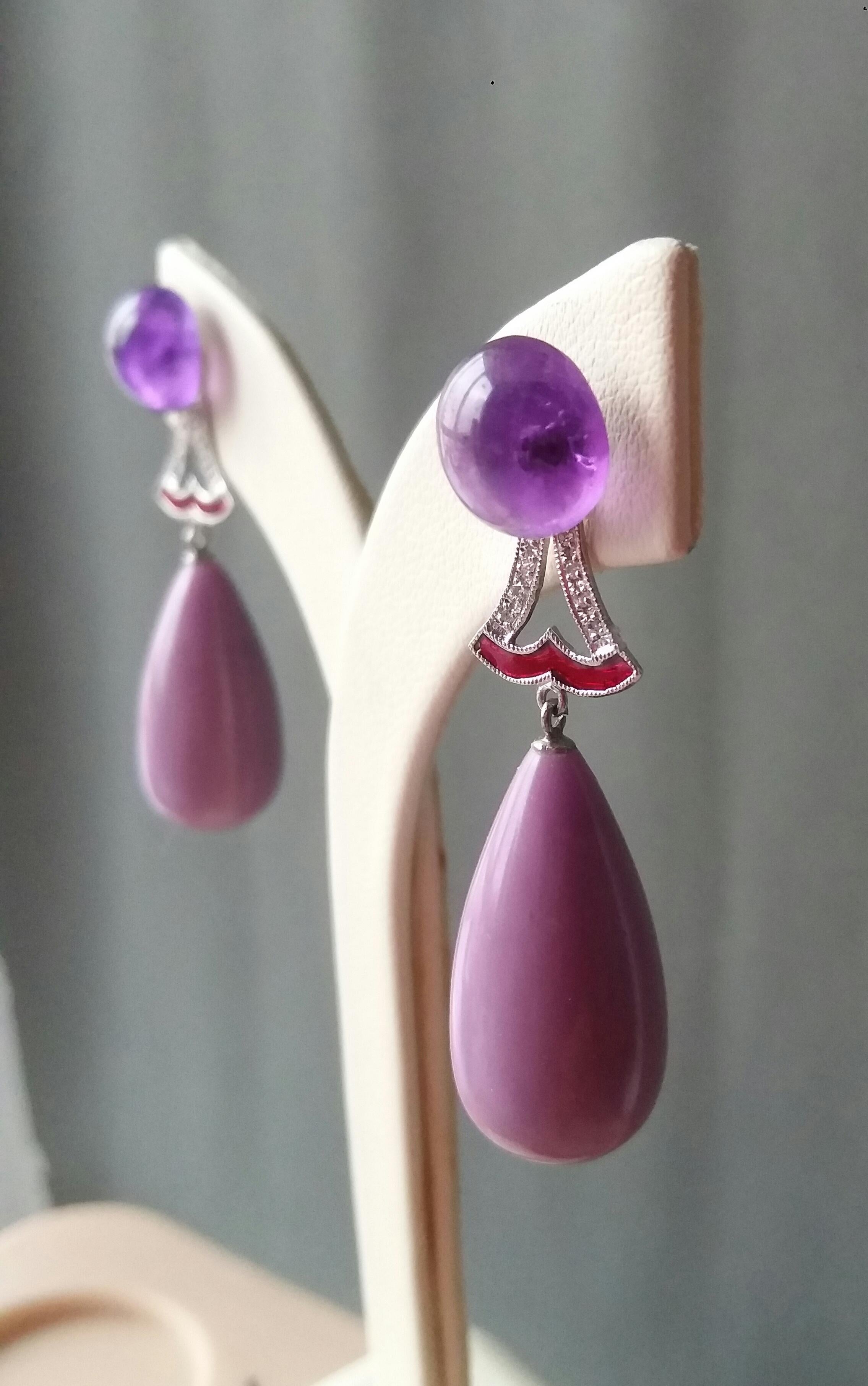 Art Déco Orecchini pendenti in stile Art Deco con ametista fosfosiderite, oro e diamanti, smalto rosso in vendita