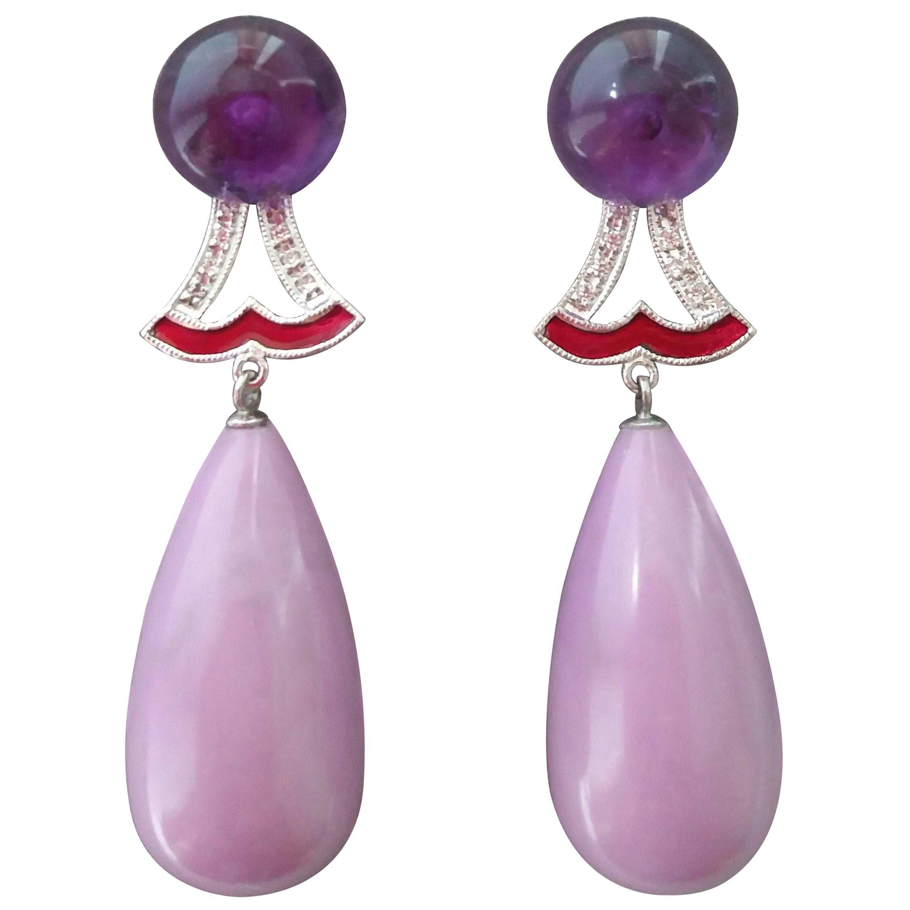 Art Deco Style Amethyst Phosphosiderite Gold Diamonds Red Enamel Dangle Earrings