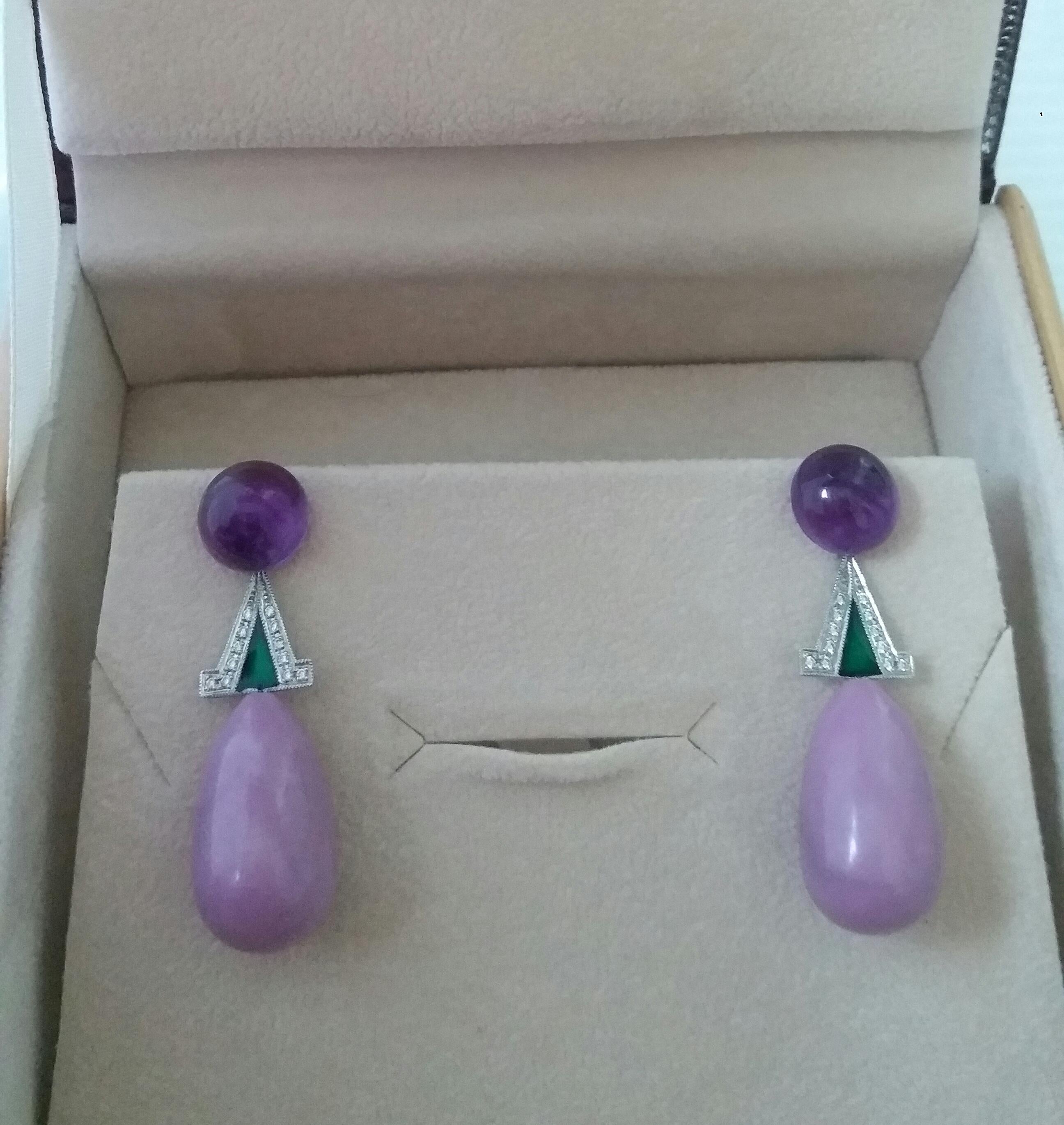 Mixed Cut Art Deco Style Amethyst Phosphosiderite Green Enamel Gold Diamonds Earrings For Sale