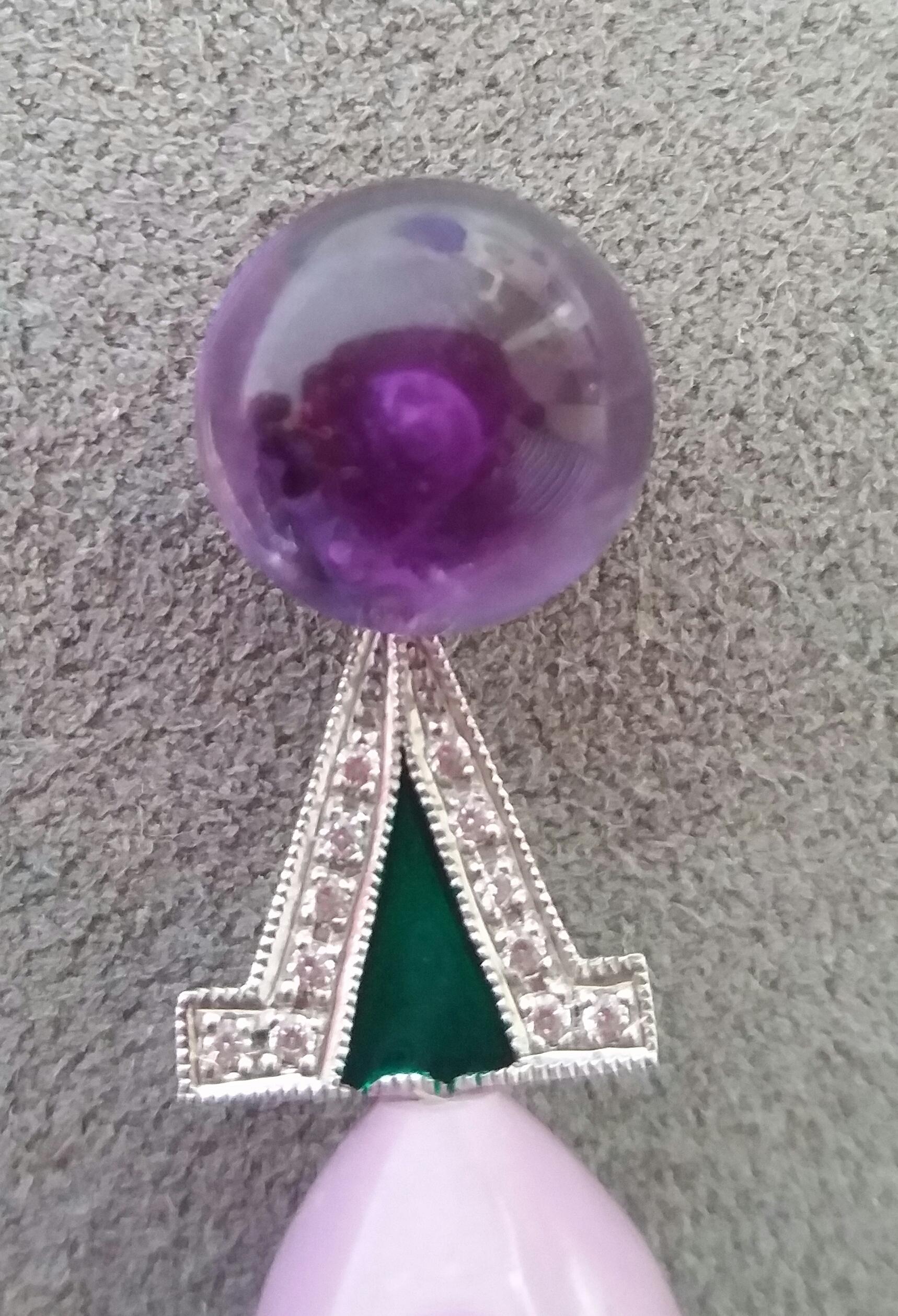 Art Deco Style Amethyst Phosphosiderite Green Enamel Gold Diamonds Earrings In Good Condition For Sale In Bangkok, TH