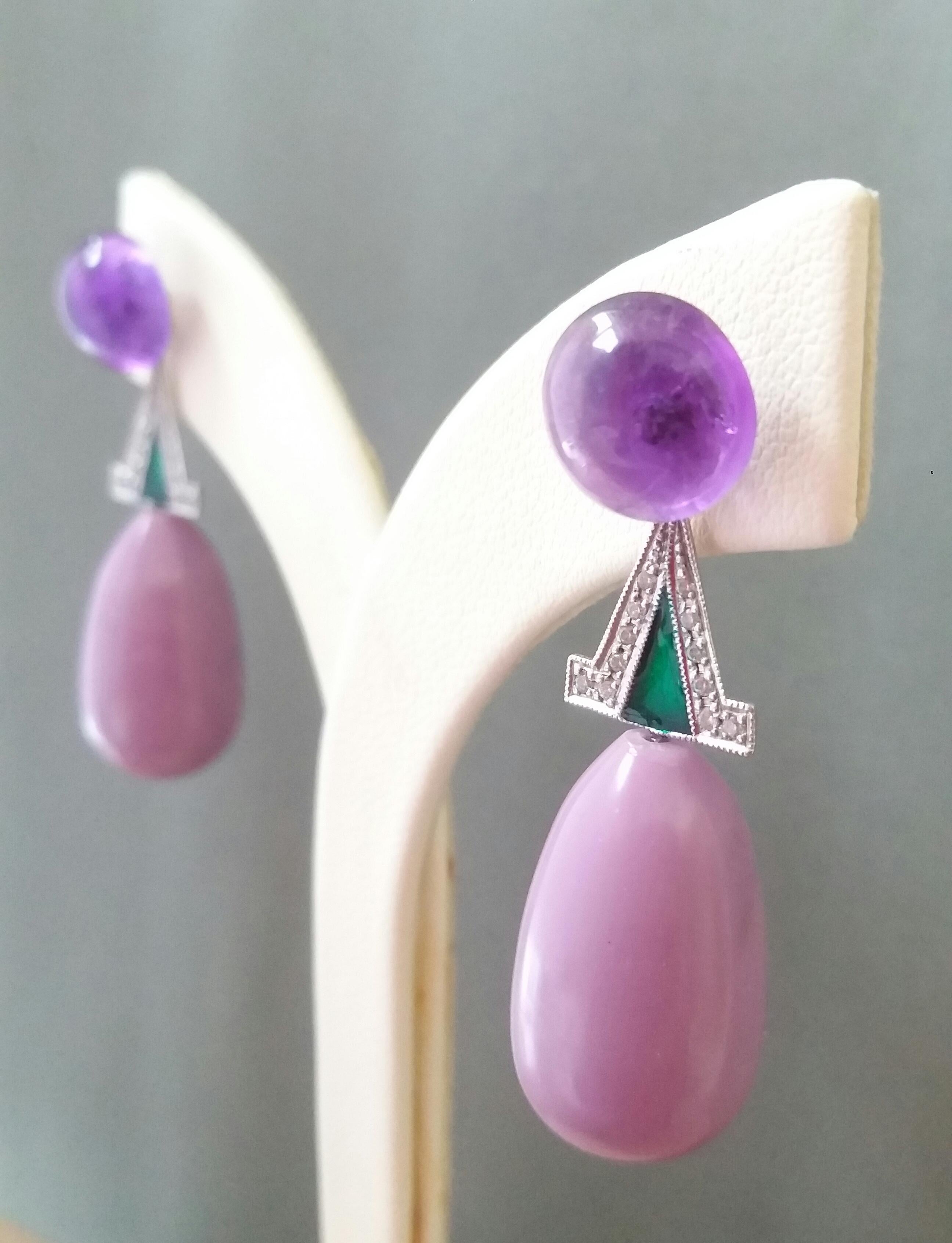 Women's Art Deco Style Amethyst Phosphosiderite Green Enamel Gold Diamonds Earrings For Sale