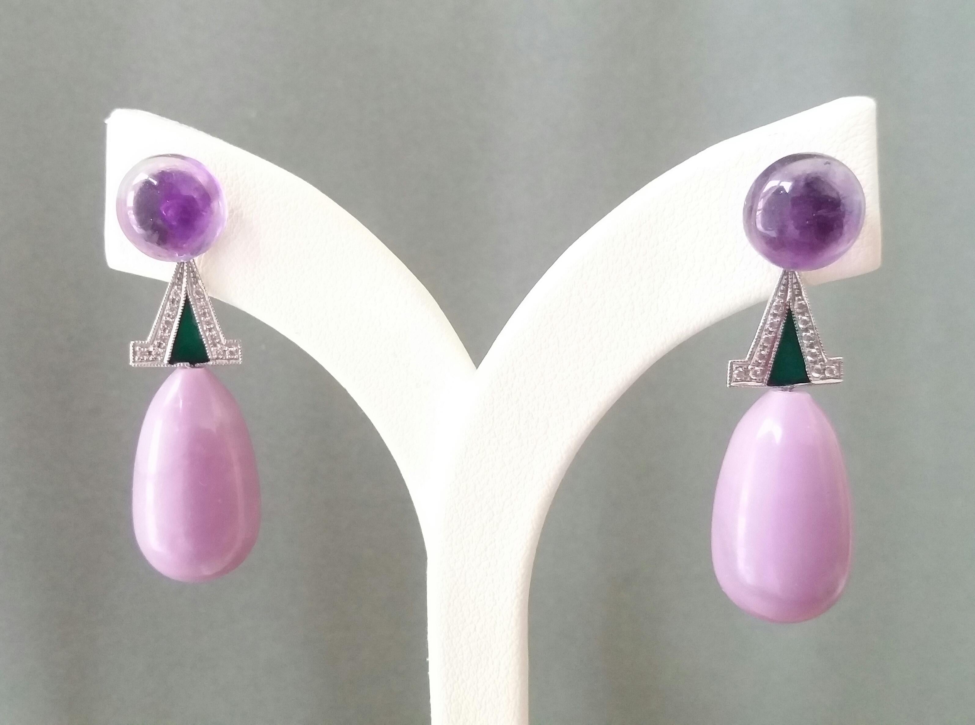 Art Deco Style Amethyst Phosphosiderite Green Enamel Gold Diamonds Earrings For Sale 1