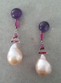 Art Deco Style Amethyst Ruby Gold Enamels Diamonds Cream Baroque Pearls Earrings