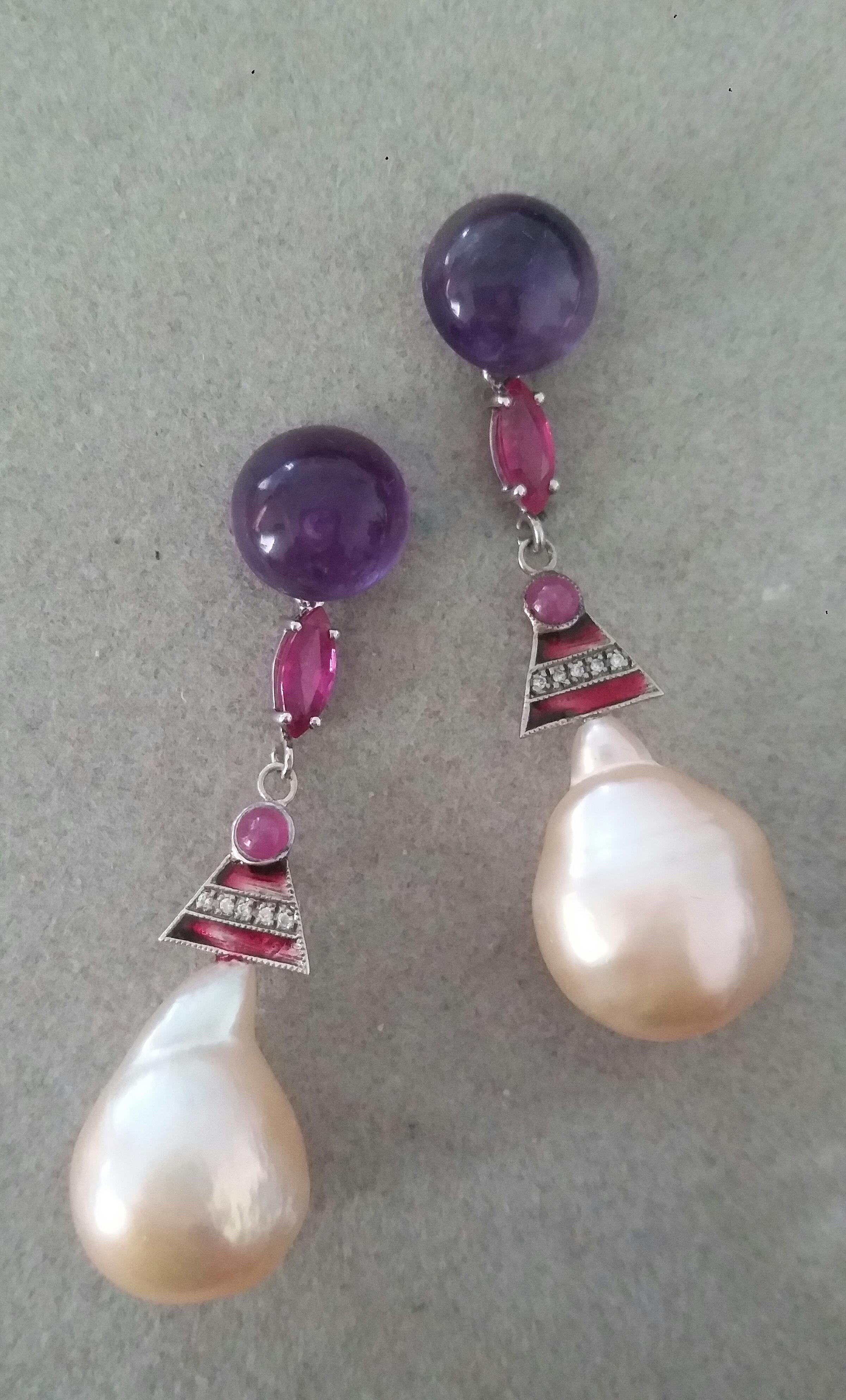 Mixed Cut Art Deco Style Amethyst Ruby Gold Enamels Diamonds Cream Baroque Pearls Earrings For Sale