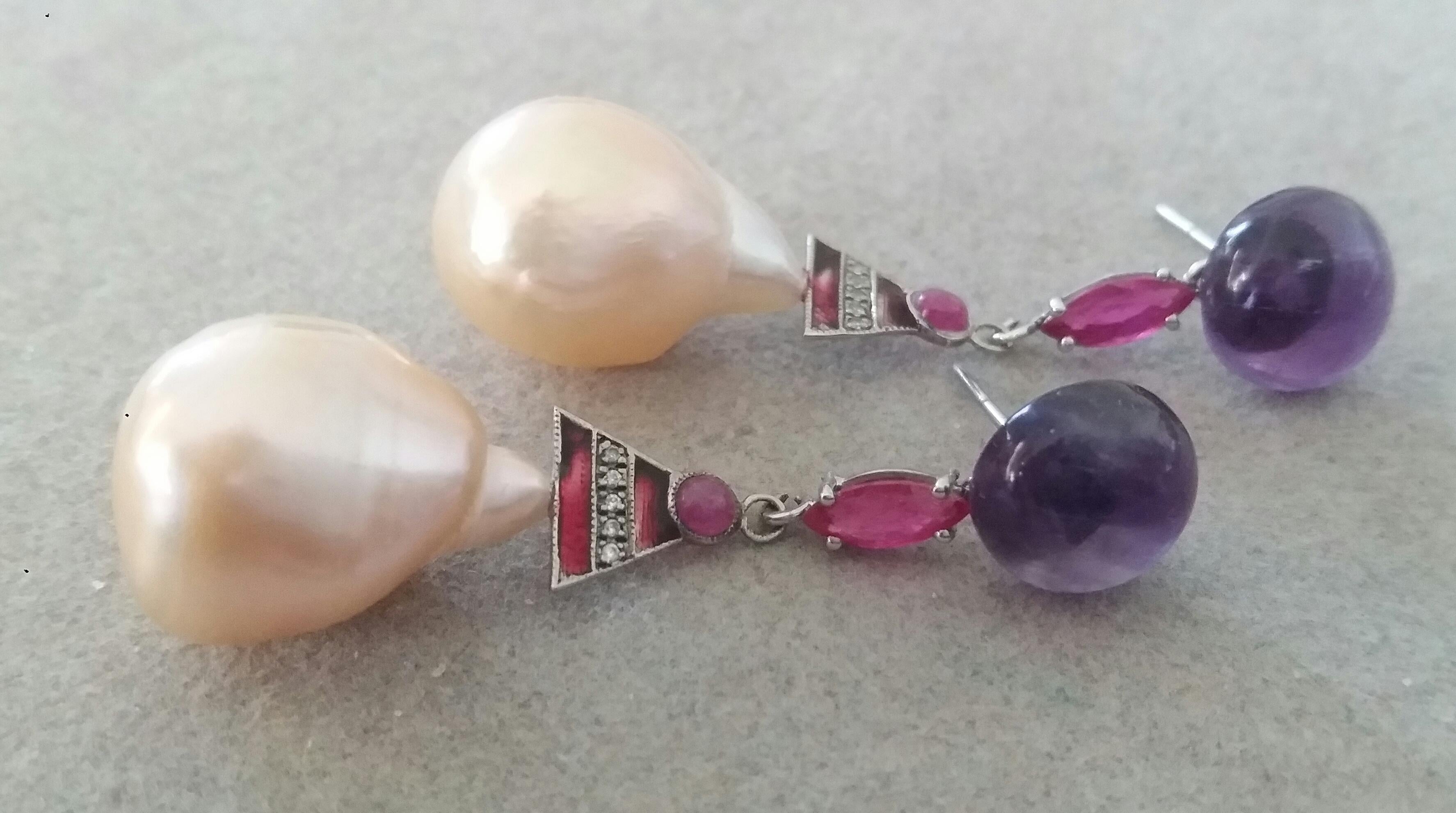 Art Deco Style Amethyst Ruby Gold Enamels Diamonds Cream Baroque Pearls Earrings In Good Condition For Sale In Bangkok, TH