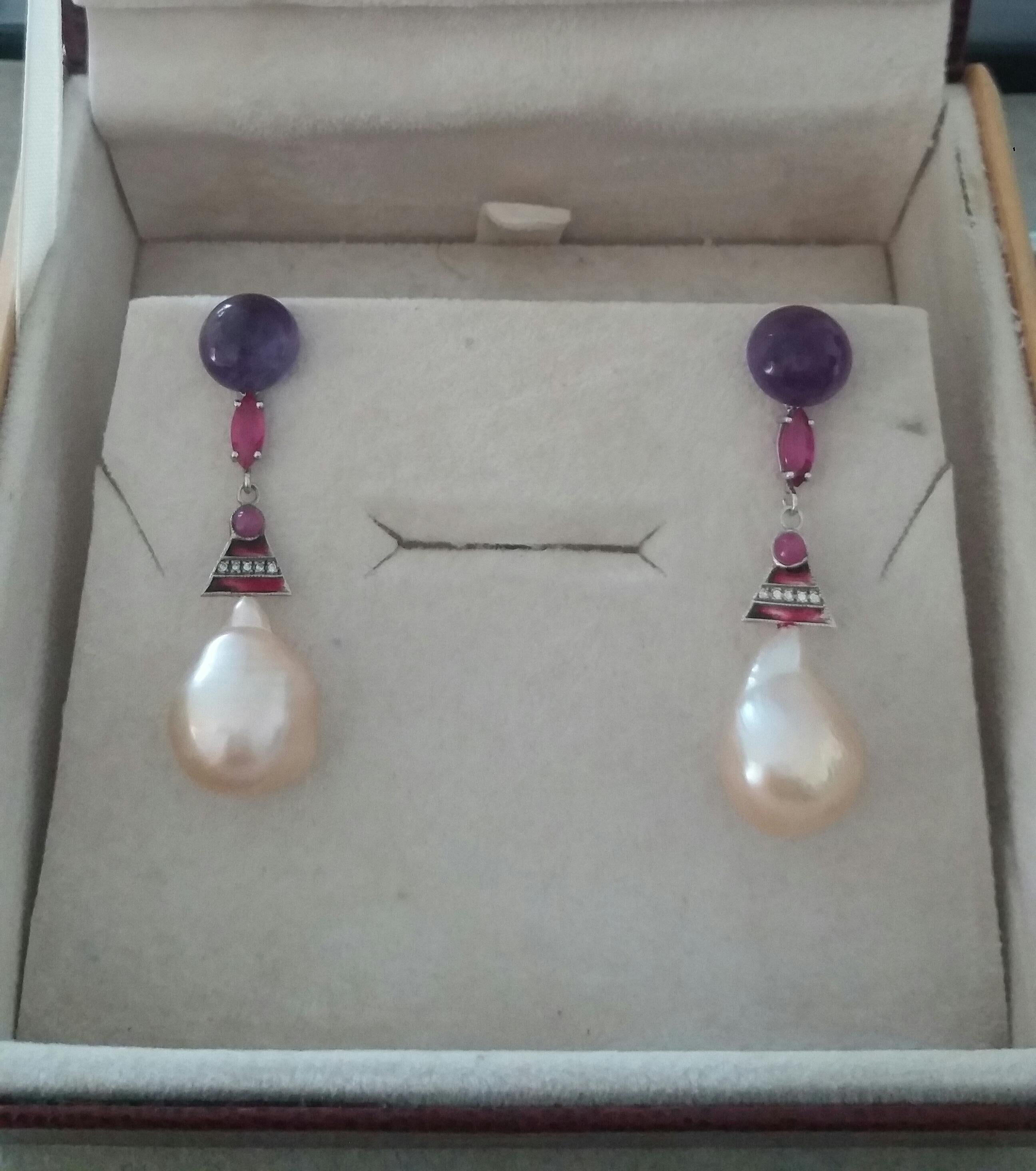 Art Deco Style Amethyst Ruby Gold Enamels Diamonds Cream Baroque Pearls Earrings For Sale 1