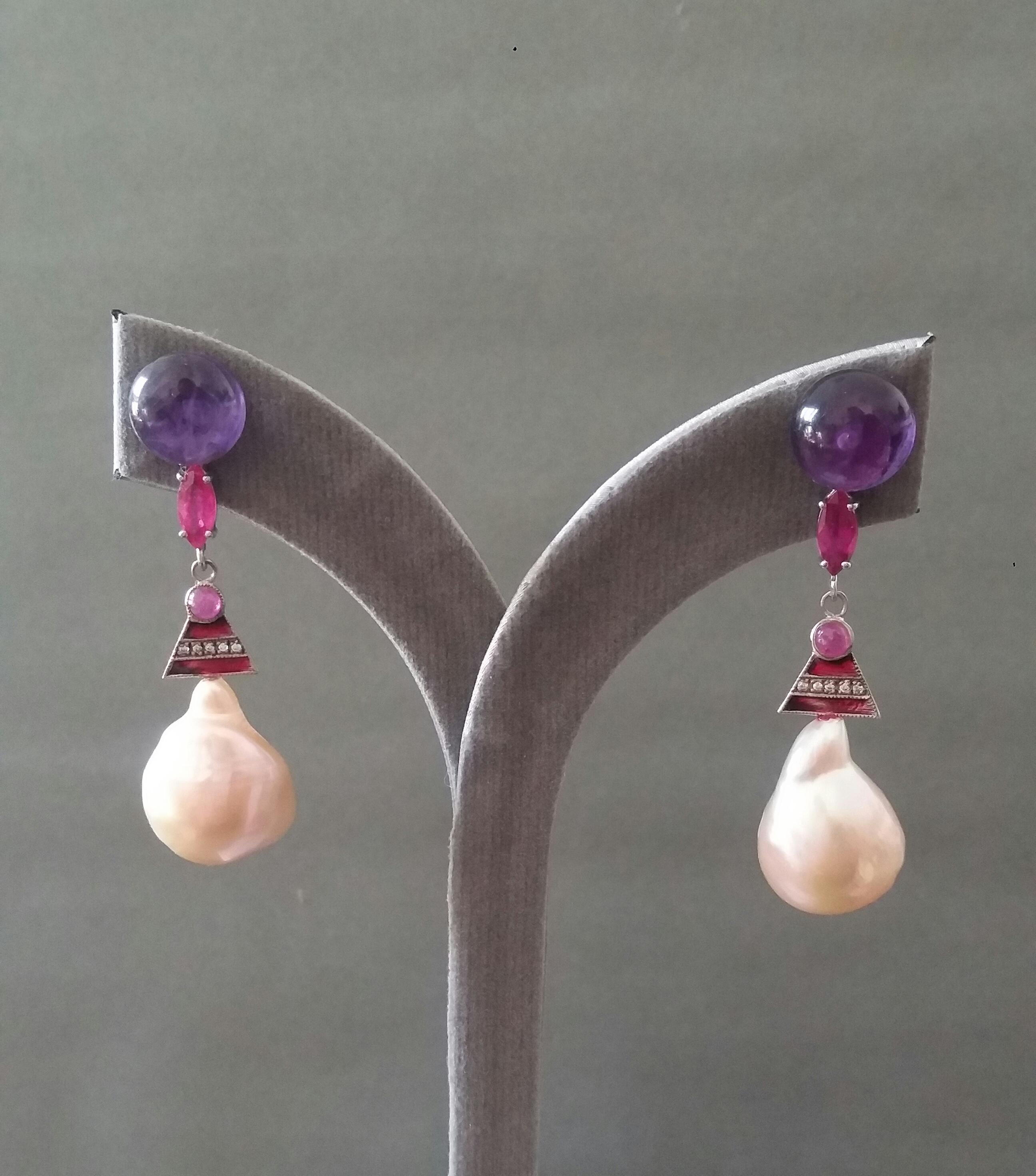 Art Deco Style Amethyst Ruby Gold Enamels Diamonds Cream Baroque Pearls Earrings For Sale 3