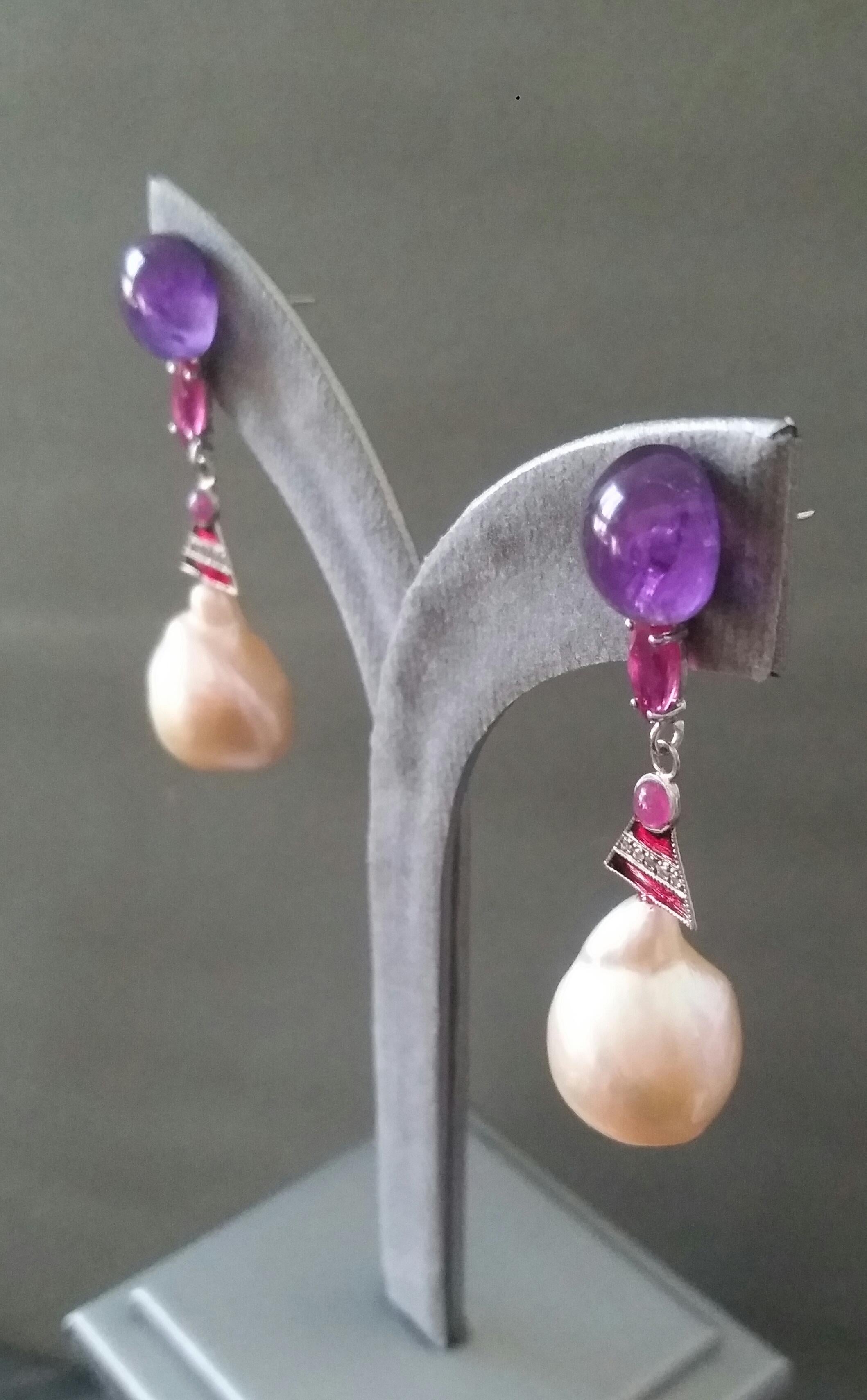 Art Deco Style Amethyst Ruby Gold Enamels Diamonds Cream Baroque Pearls Earrings For Sale 4