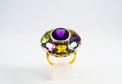 Art Deco Style Amethyst Topaz Quartz Peridot Citrine Yellow Gold Cocktail Ring