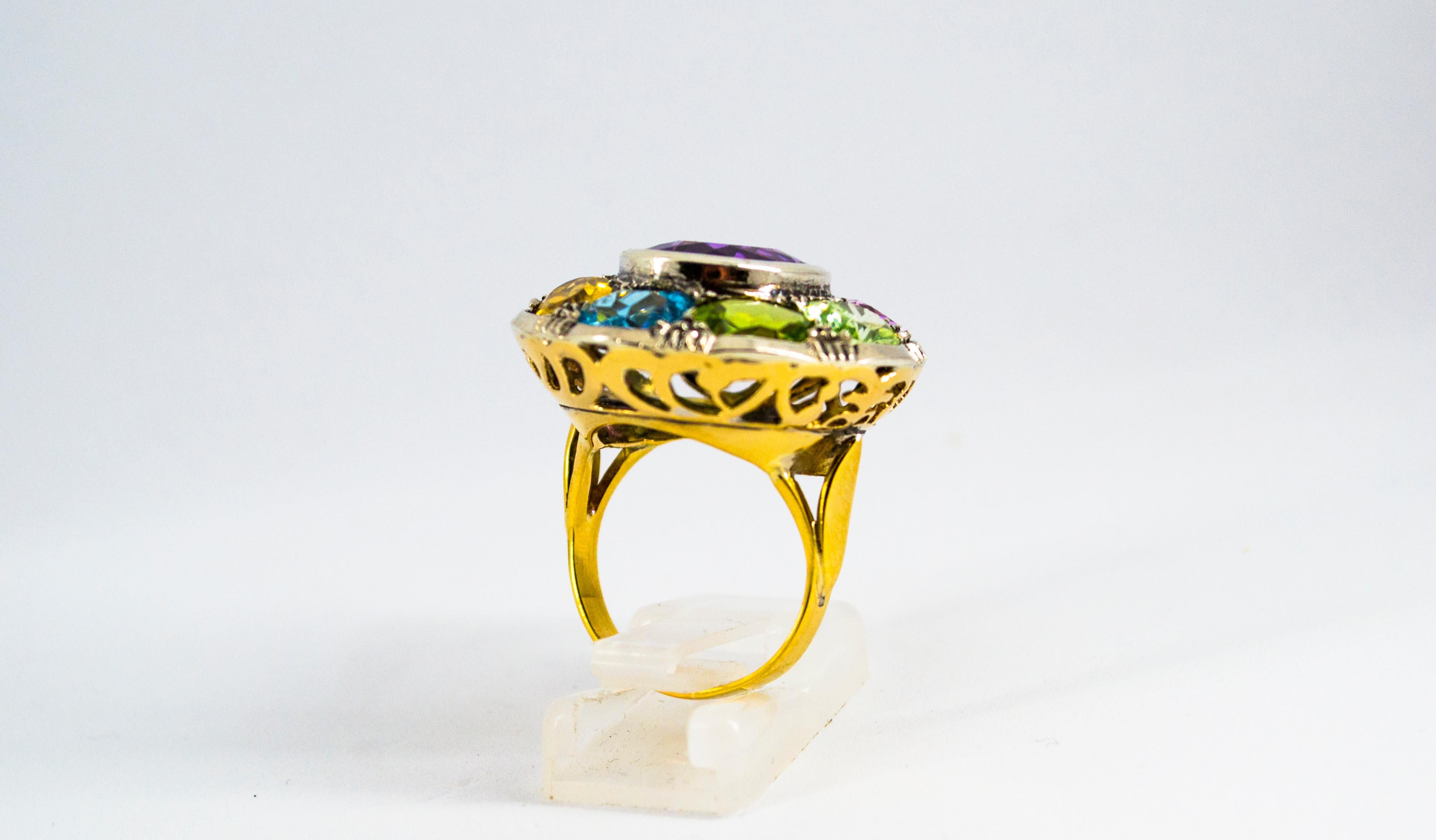 Art Deco Style Amethyst Topaz Quartz Peridot Citrine Yellow Gold Cocktail Ring In New Condition In Naples, IT