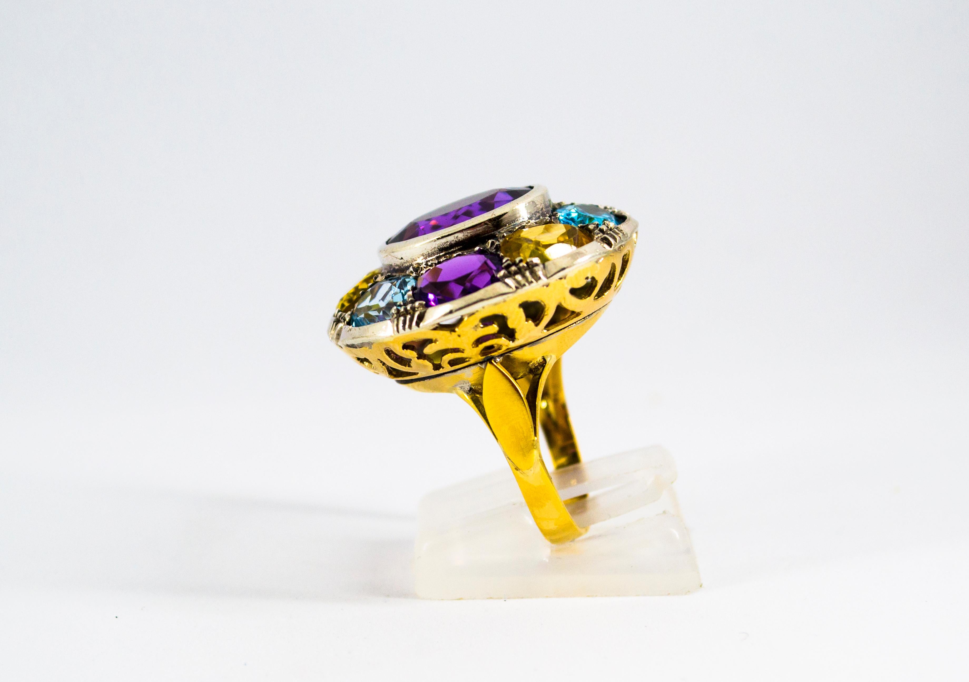 Women's or Men's Art Deco Style Amethyst Topaz Quartz Peridot Citrine Yellow Gold Cocktail Ring