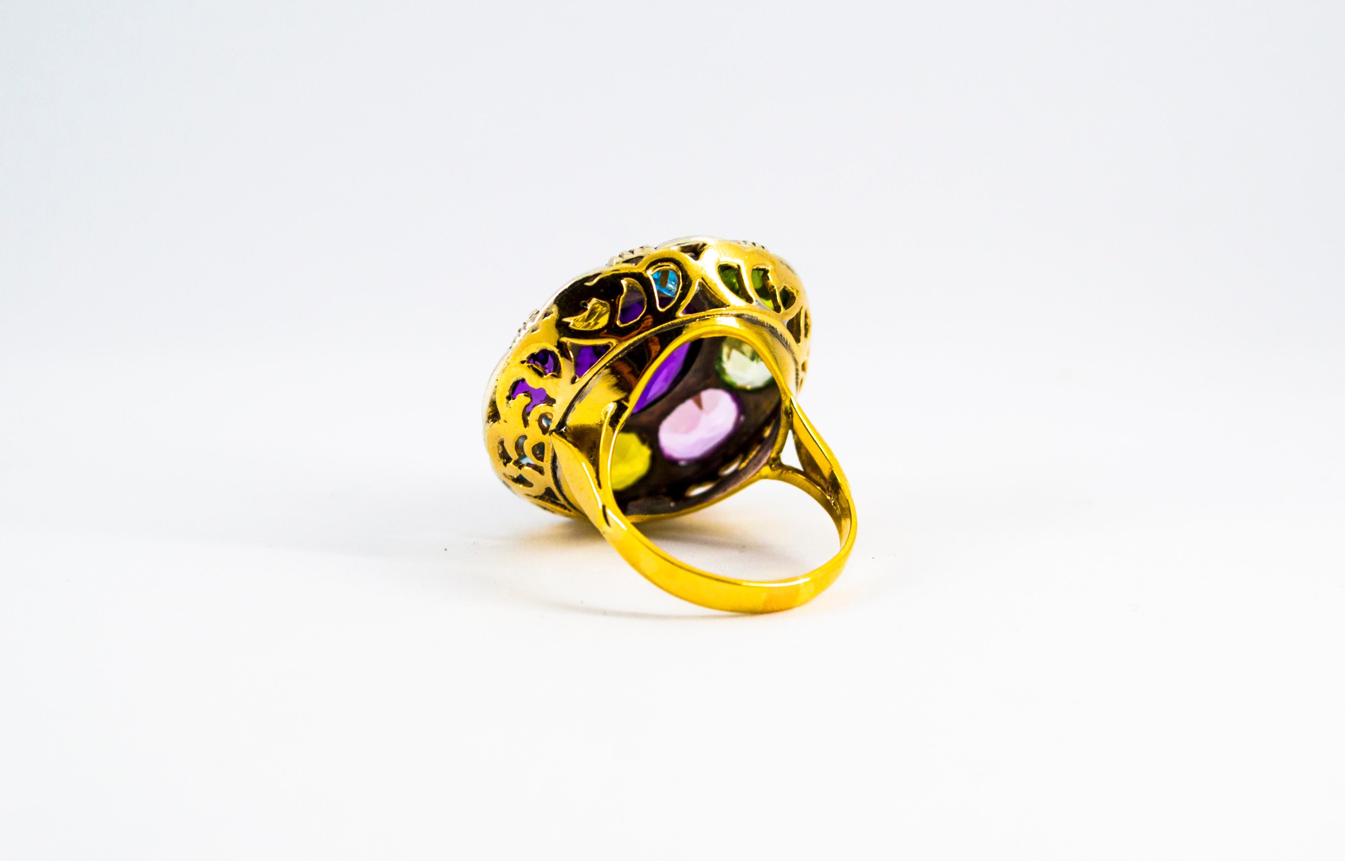 Anello da cocktail in oro giallo in stile Art Déco con ametista, quarzo topazio, peridoto e citrino in vendita 3