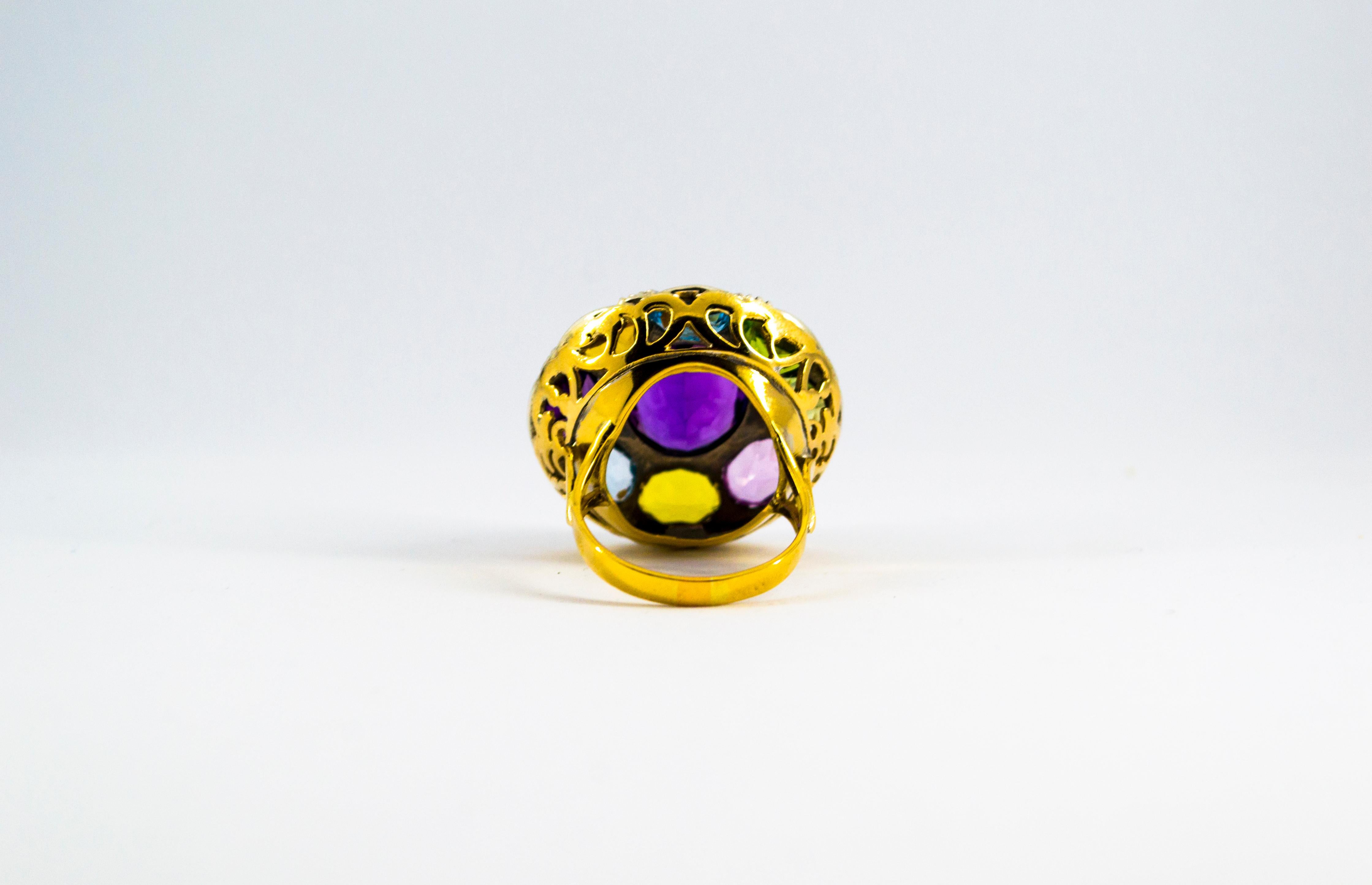 Anello da cocktail in oro giallo in stile Art Déco con ametista, quarzo topazio, peridoto e citrino in vendita 4