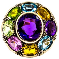 Vintage Art Deco Style Amethyst Topaz Quartz Peridot Citrine Yellow Gold Cocktail Ring