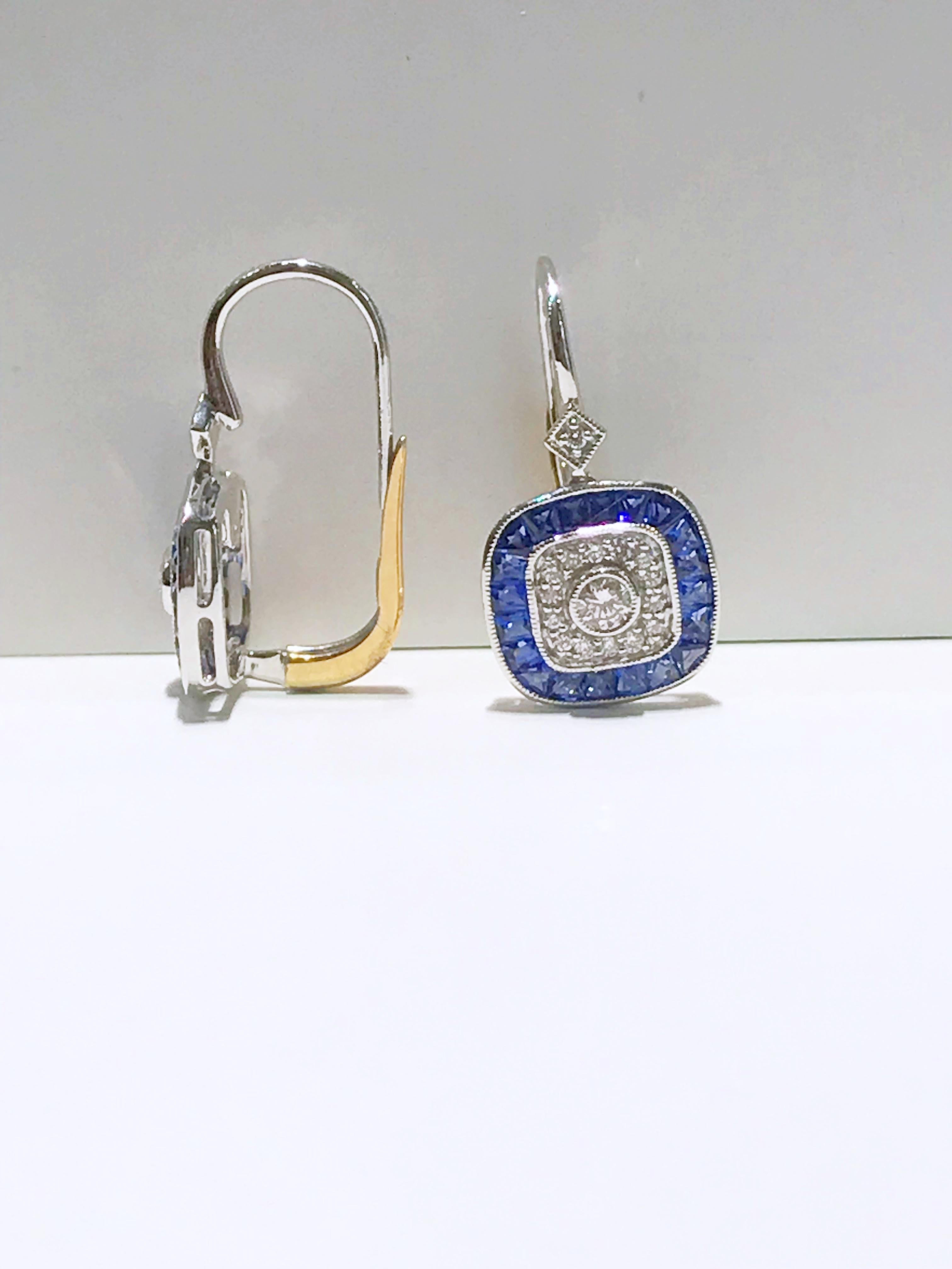 Art Deco Style and Diamond and Sapphire Earrings in 14 Karat White Gold (Art déco)