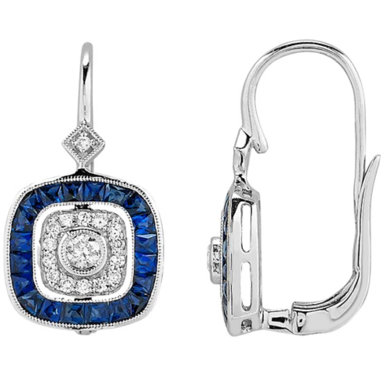 Art Deco Style and Diamond and Sapphire Earrings in 14 Karat White Gold