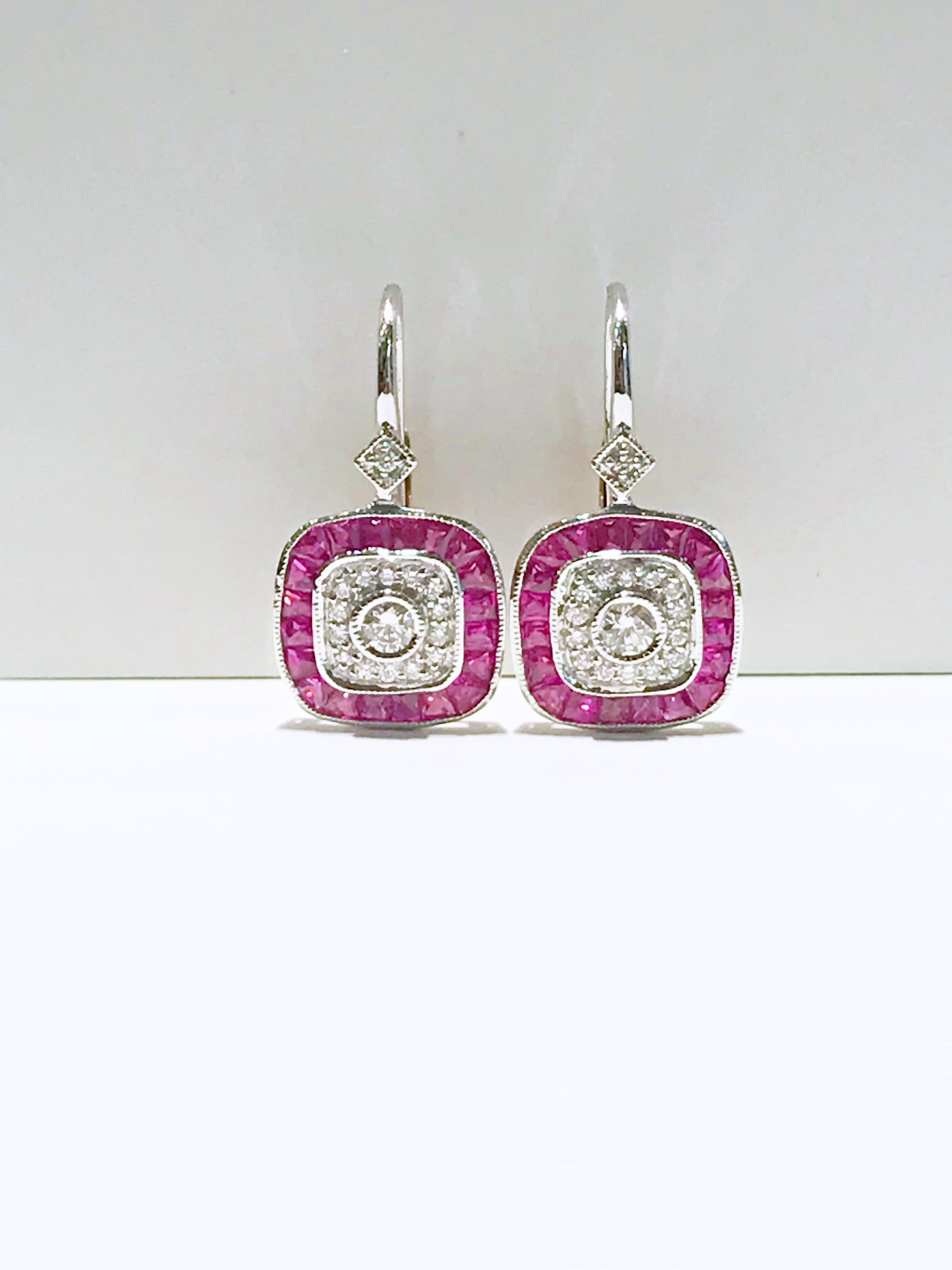 French Cut Art Deco Style Diamond and Ruby Earrings