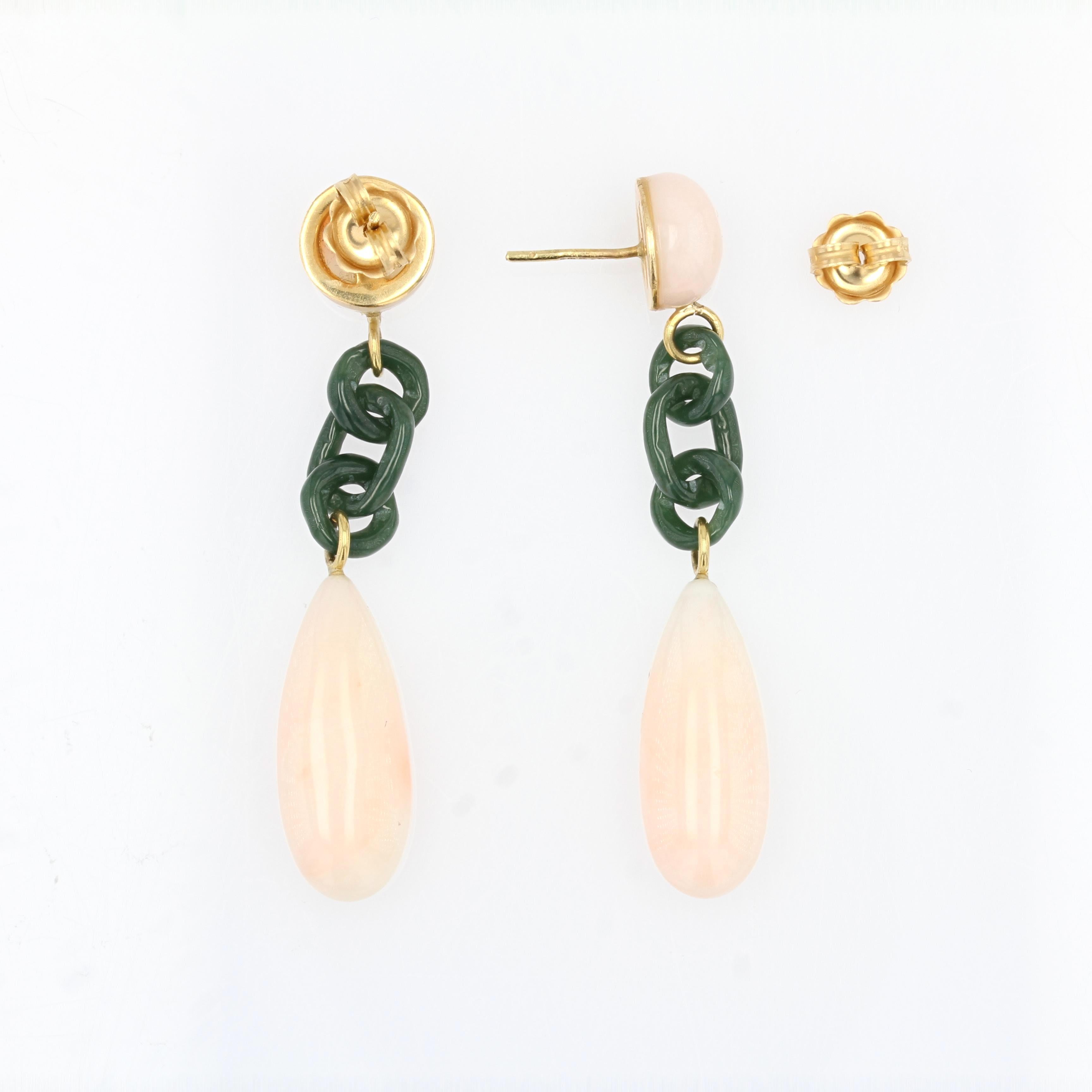 Cabochon Art Deco Style Angel Skin Coral Jade Dangle Earrings For Sale