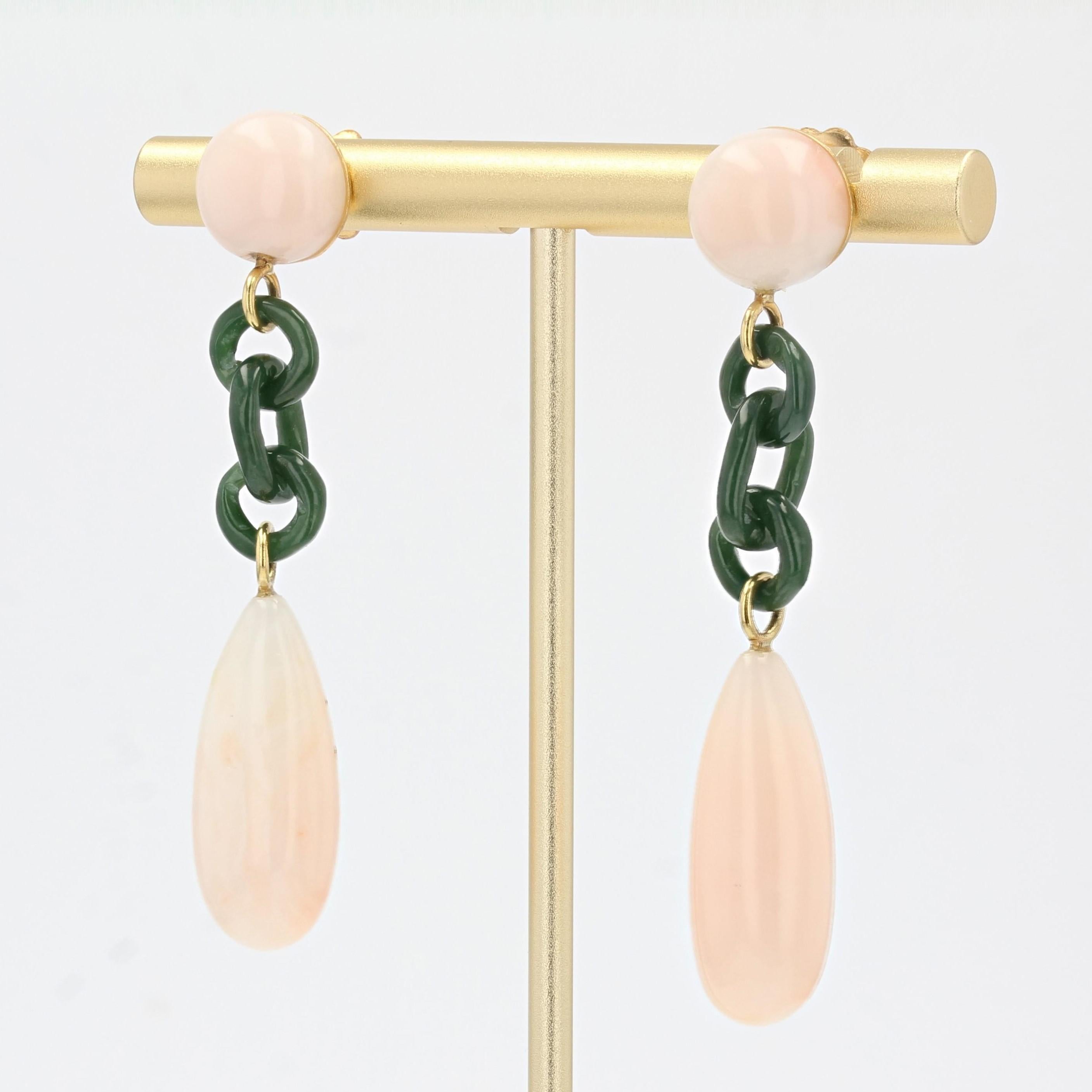 Art Deco Style Angel Skin Coral Jade Dangle Earrings In New Condition For Sale In Poitiers, FR
