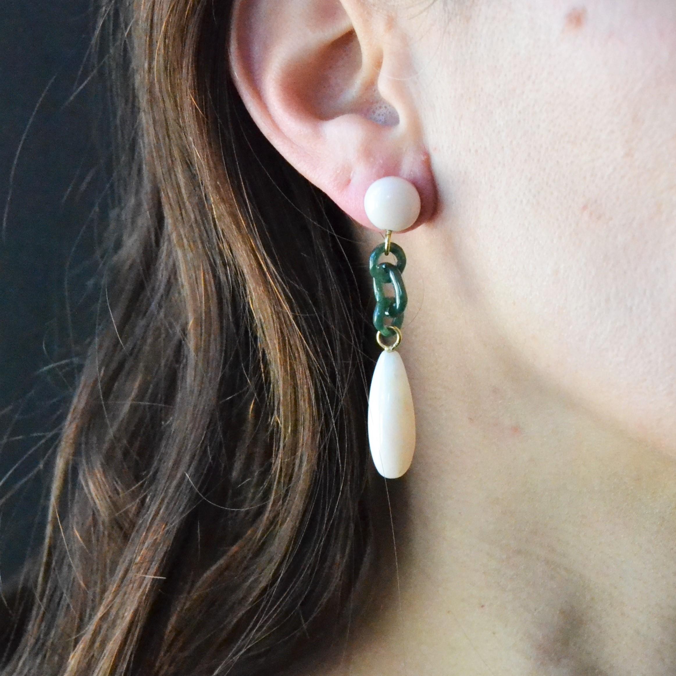 Women's Art Deco Style Angel Skin Coral Jade Dangle Earrings For Sale