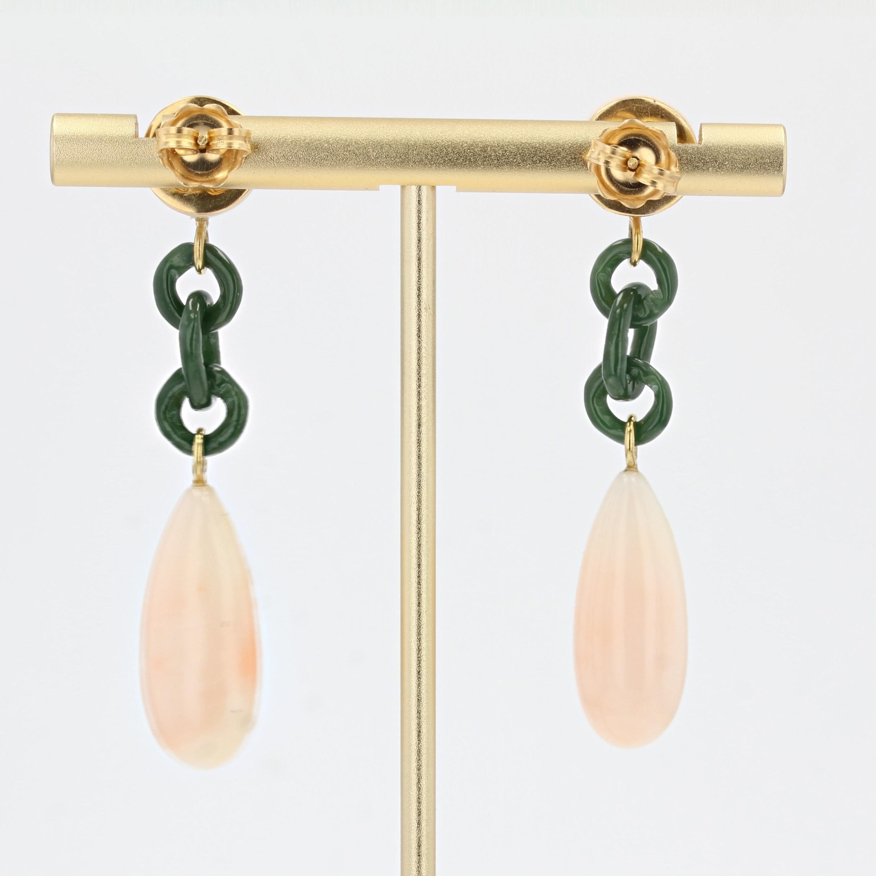 Art Deco Style Angel Skin Coral Jade Dangle Earrings For Sale 1