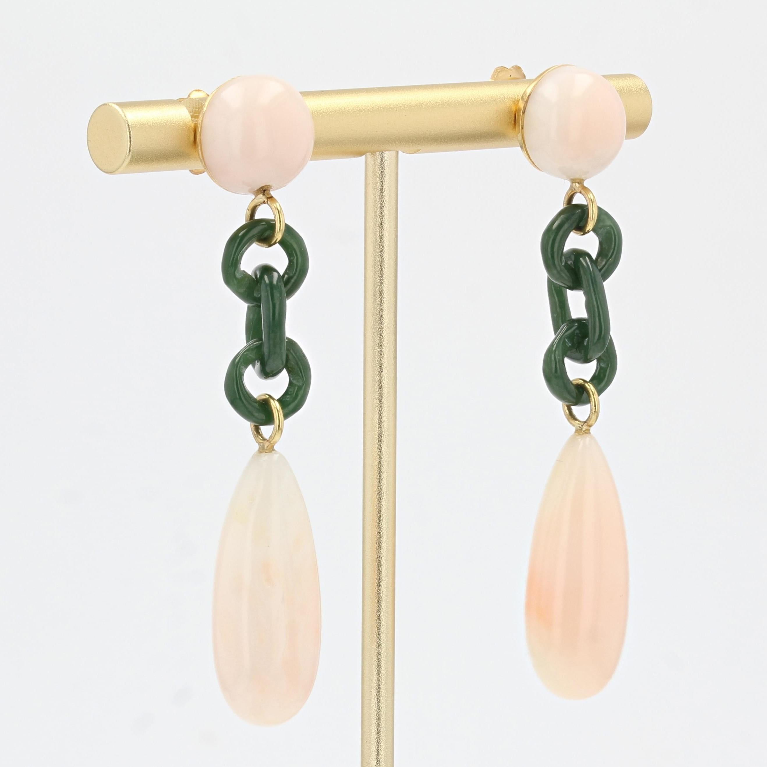 Art Deco Style Angel Skin Coral Jade Dangle Earrings For Sale 2