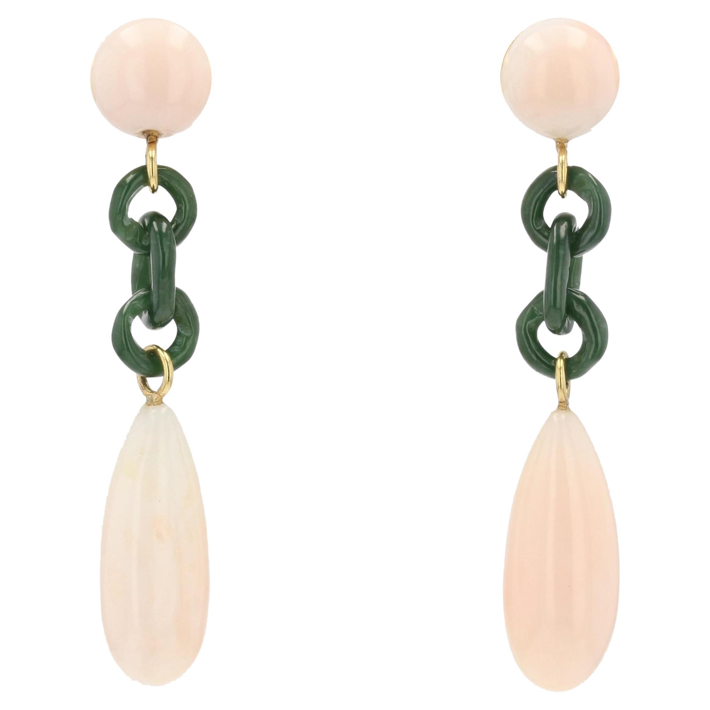 Art Deco Style Angel Skin Coral Jade Dangle Earrings For Sale