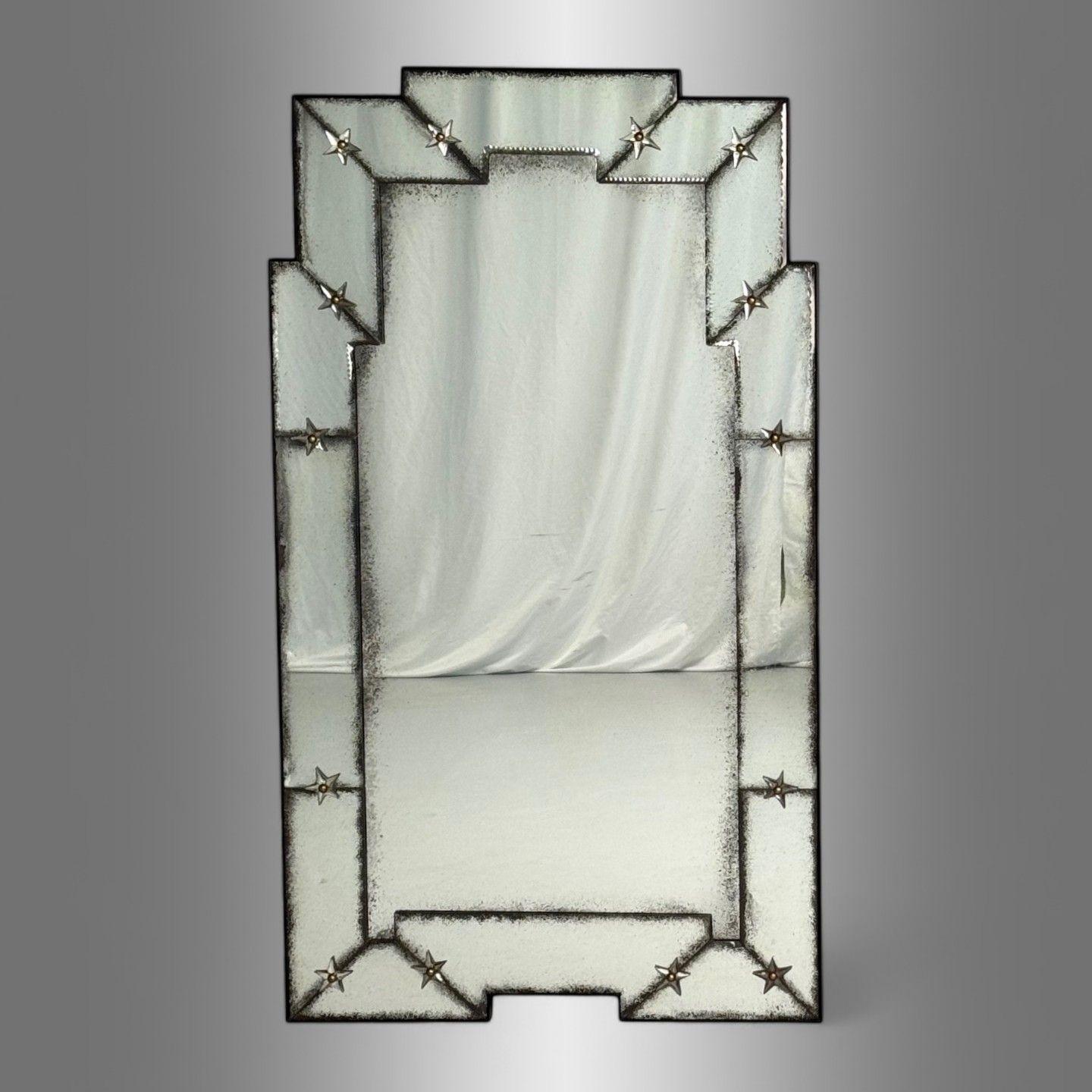 Hollywood Regency Style, Venetian Wall, Console, or Pier Mirrors, Antiqued Glass, Beveled, 21st C.

This sophisticated and elegant pair of brick form antiqued wall mirrors is perfect for placement above a console table, bedside tables, or atop a