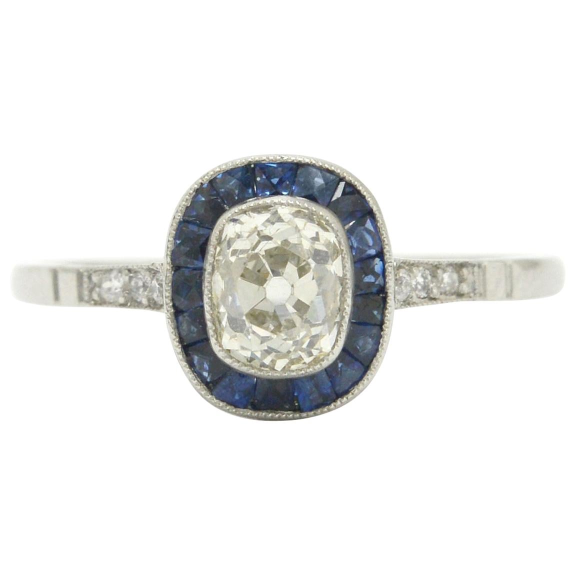 Art Deco Style Antique Cushion Diamond Engagement Ring 3/4 Carat Sapphire Halo