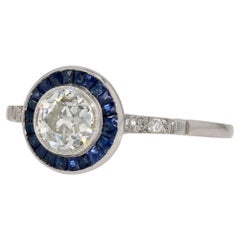 Art Deco Style Antique Diamond and Sapphire Halo Engagement Ring