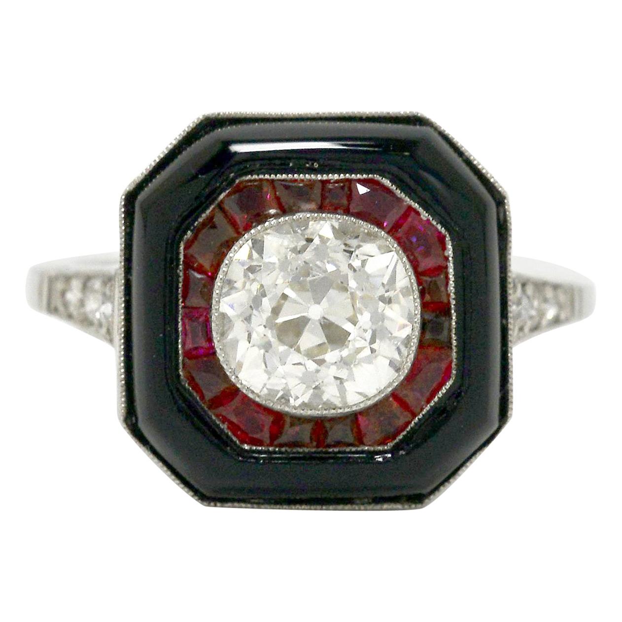 Art Deco Style Antique Diamond Onyx Ruby Platinum Engagement Ring Cocktail