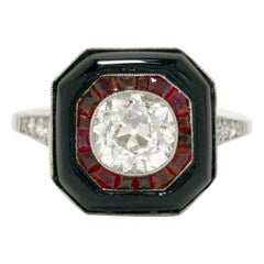 Art Deco Style Antique Diamond Onyx Ruby Platinum Engagement Ring Cocktail