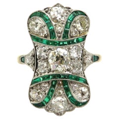 Art Deco Style Antique Platinum and 14 Karat Gold Emerald and Diamond Ring