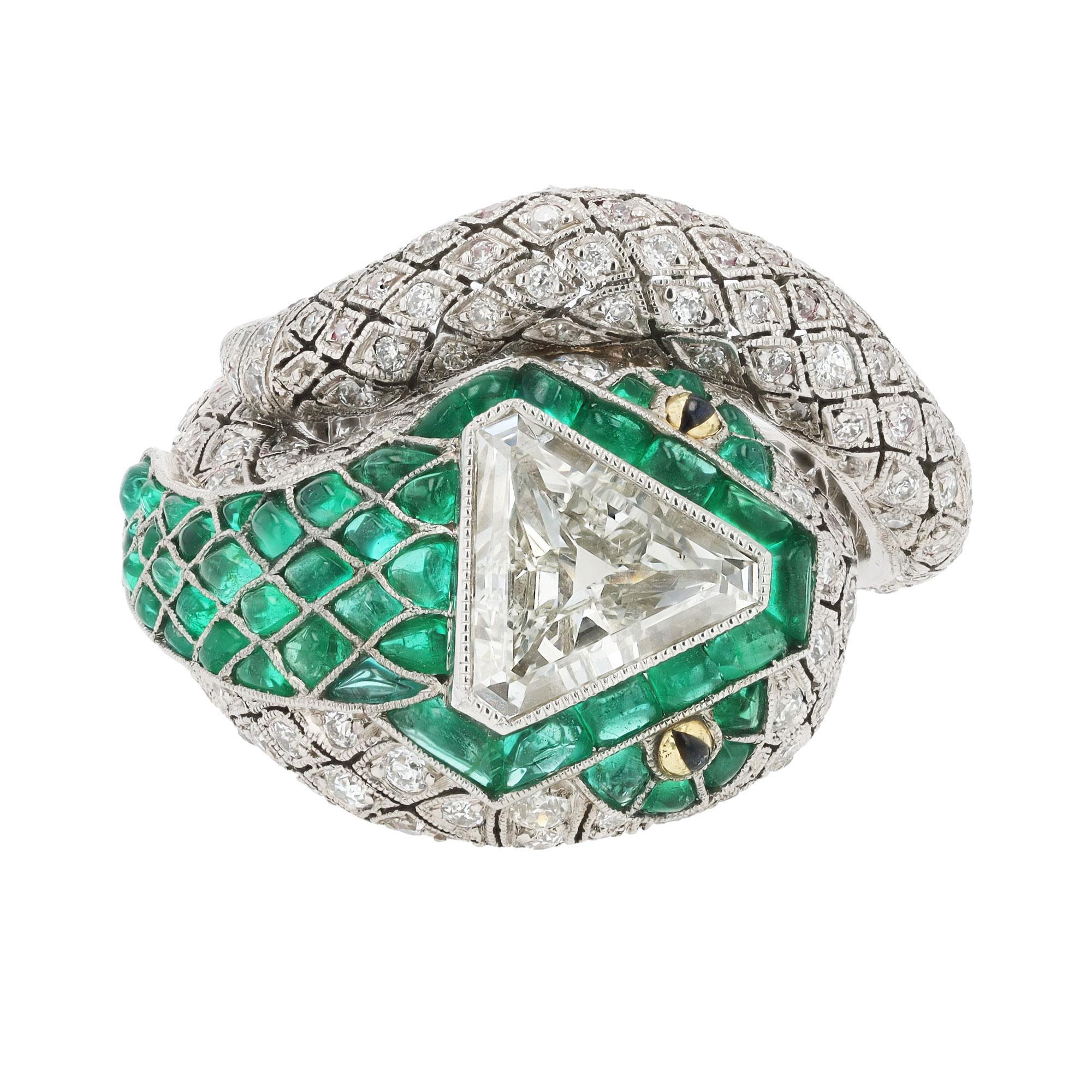 Trillion Cut Art Deco Style Antique Triangular Step Cut & Emerald Snake Cocktail Ring
