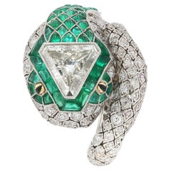 Art Deco Style Antique Triangular Step Cut & Emerald Snake Cocktail Ring