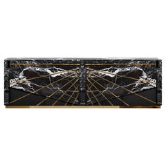 Art Deco Style Aphrodite Sideboard in Black Oak, Brass, Marble, Hand Carved