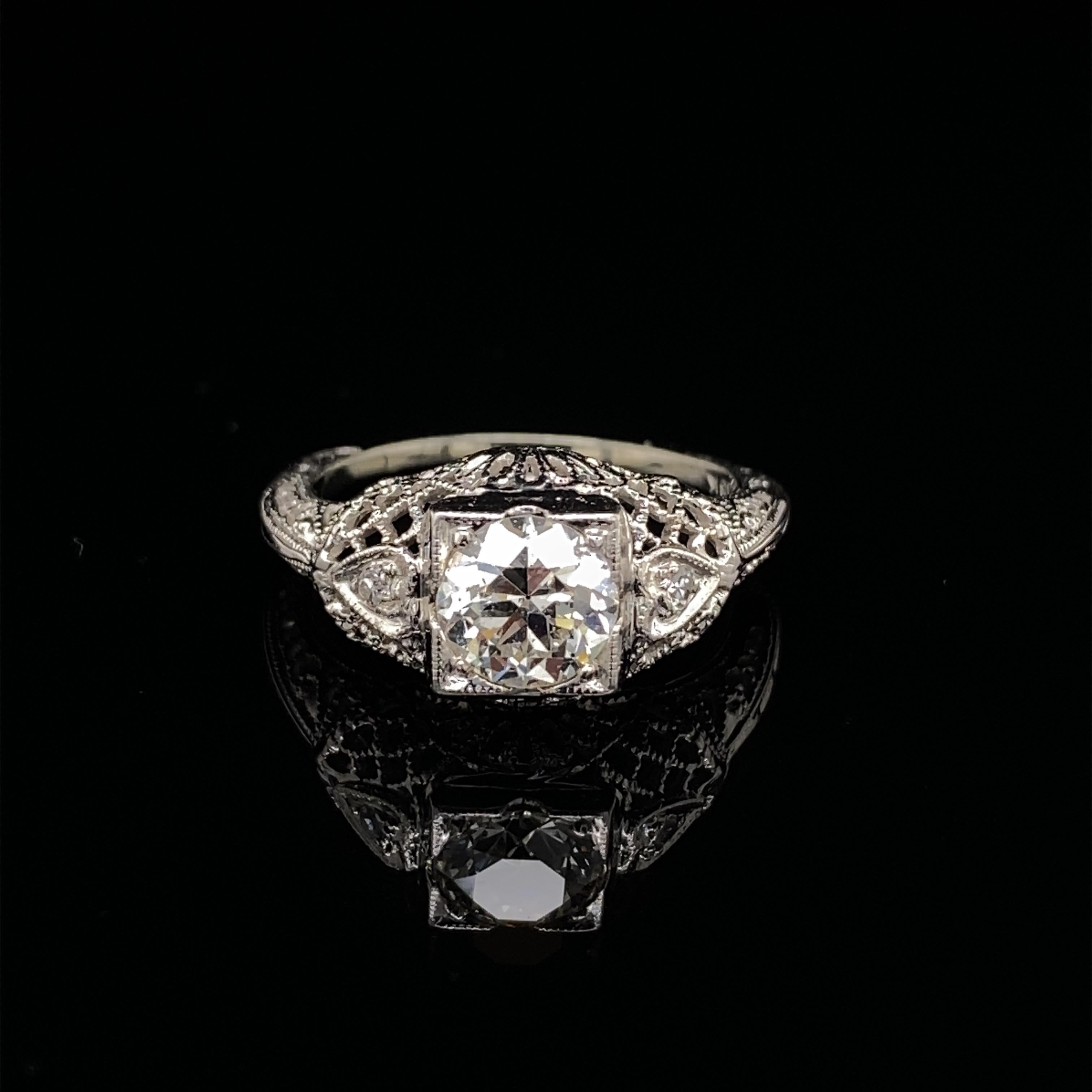 Art Deco Style Apx 0.85ct Old Mine Cut Diamond 18k White Gold Ring In New Condition For Sale In BEVERLY HILLS, CA