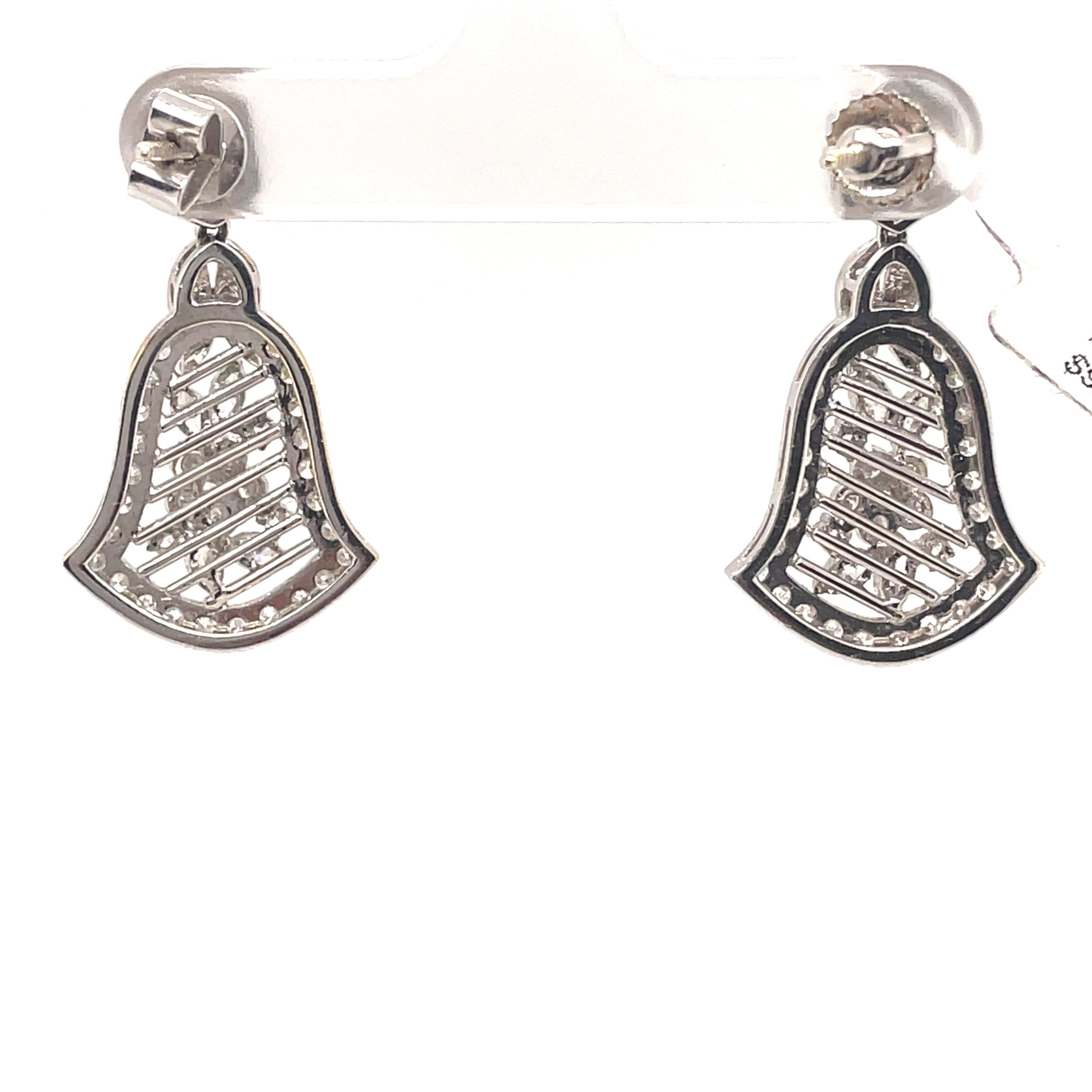 Women's Art Deco Style Apx 2ct Diamond Bell Motif 18k White Gold Chandelier Earrings For Sale