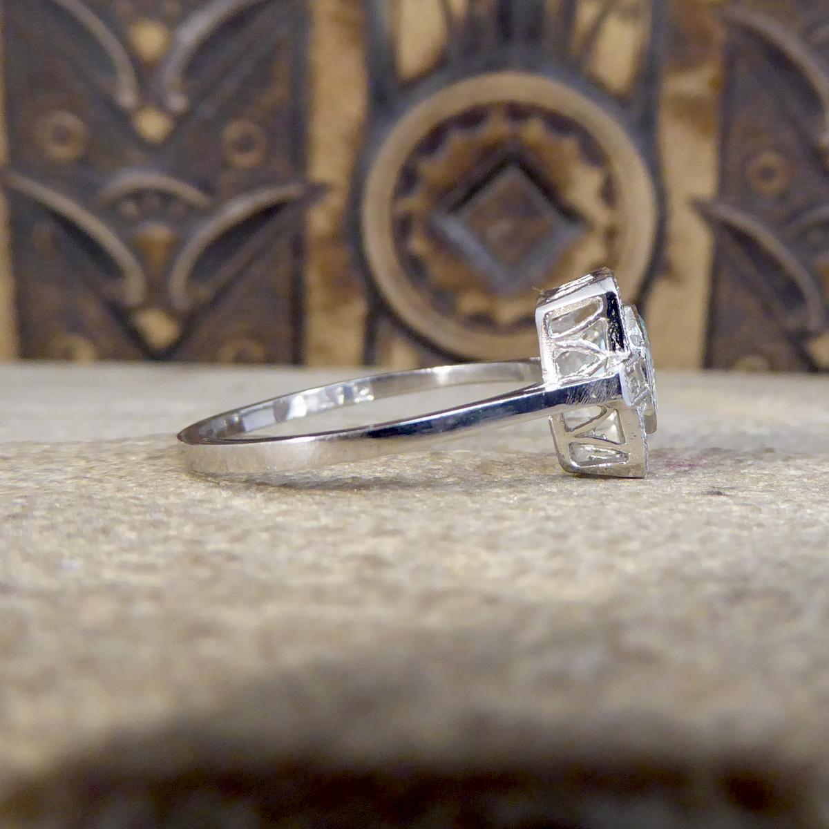 Round Cut Art Deco Style Aquamarine and Diamond Cluster Ring in Platinum