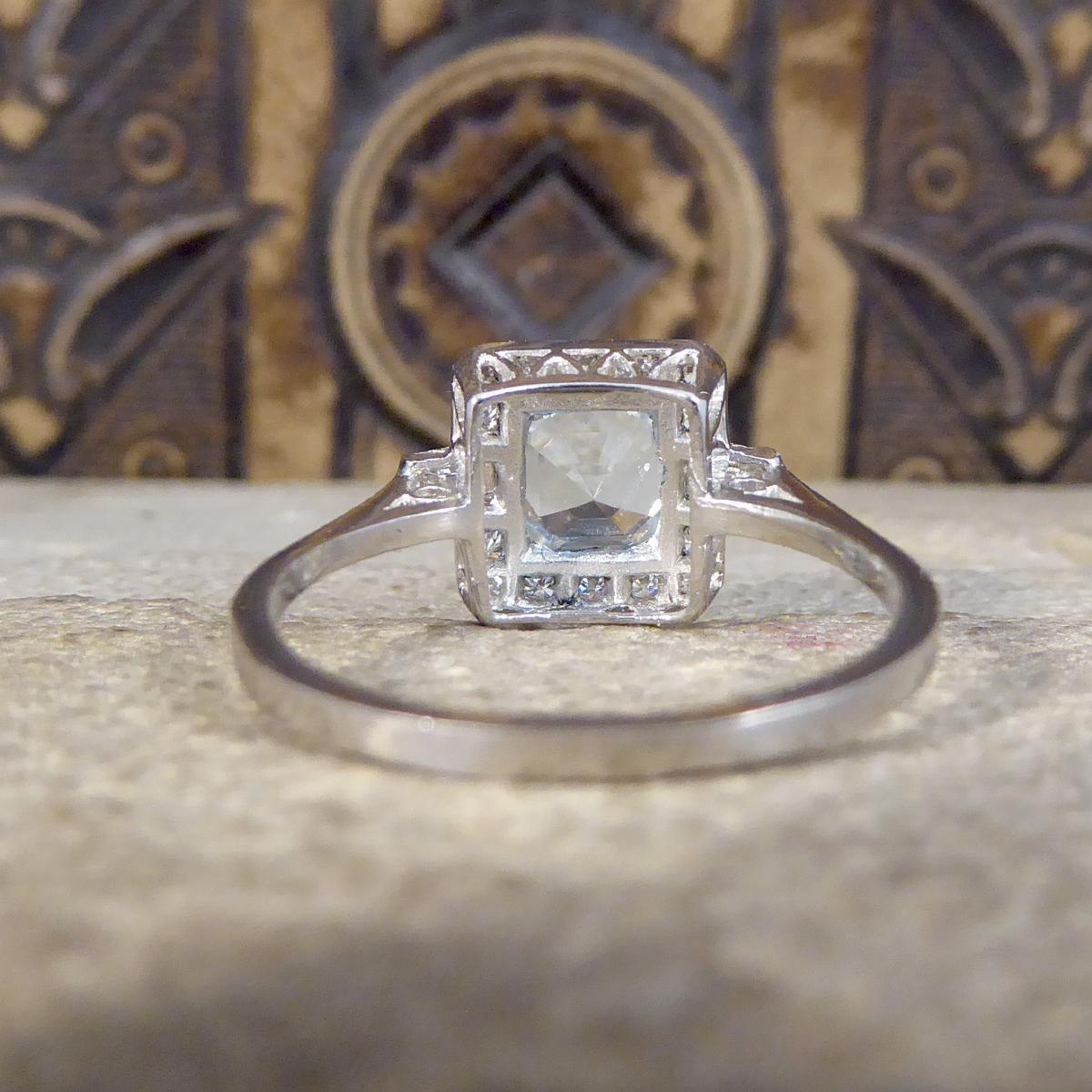 Art Deco Style Aquamarine and Diamond Cluster Ring in Platinum In Good Condition In Yorkshire, West Yorkshire