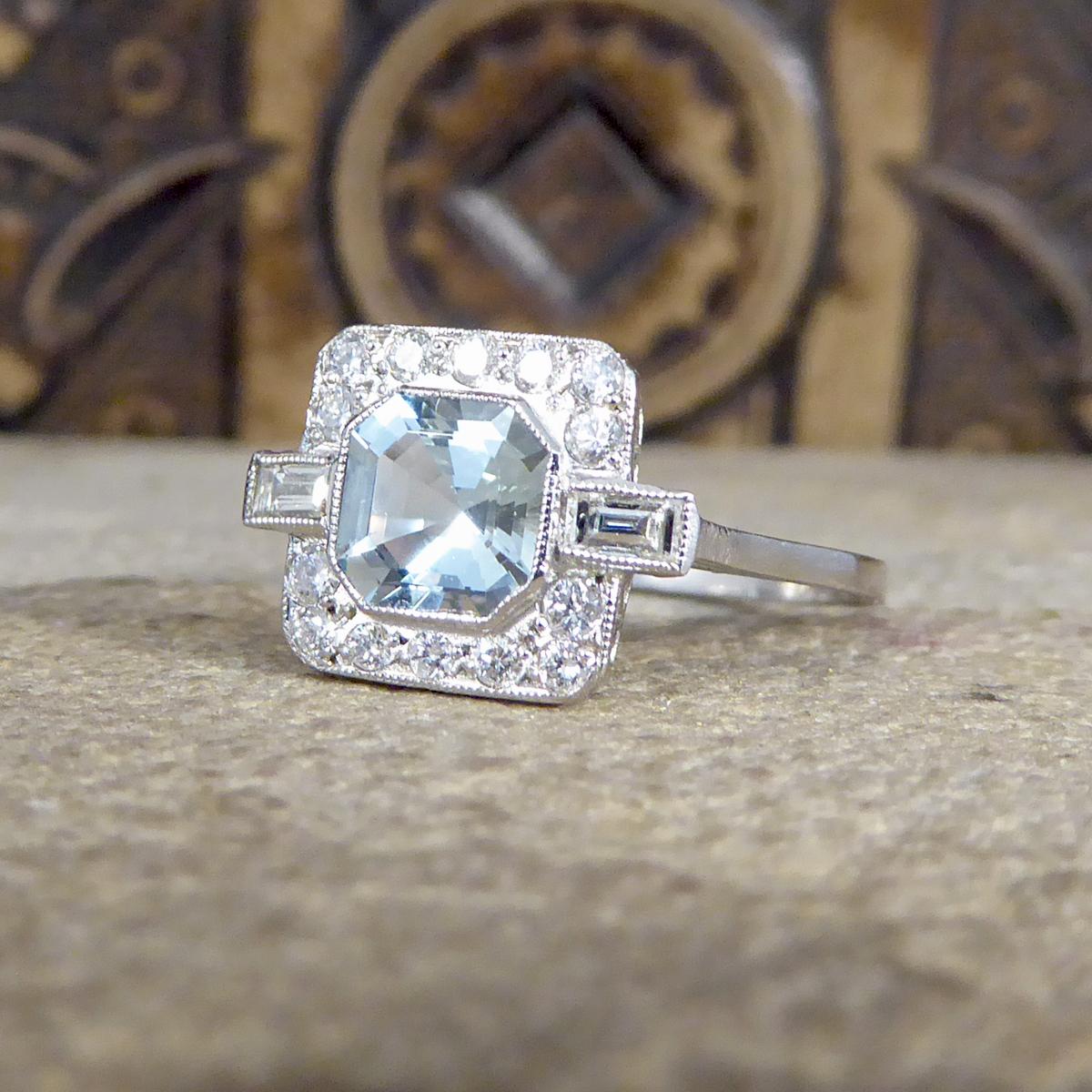 Women's or Men's Art Deco Style Aquamarine and Diamond Cluster Ring in Platinum