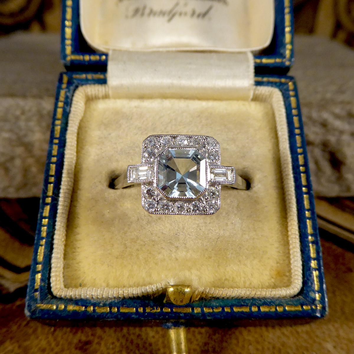 Art Deco Style Aquamarine and Diamond Cluster Ring in Platinum 3