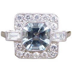 Art Deco Style Aquamarine and Diamond Cluster Ring in Platinum