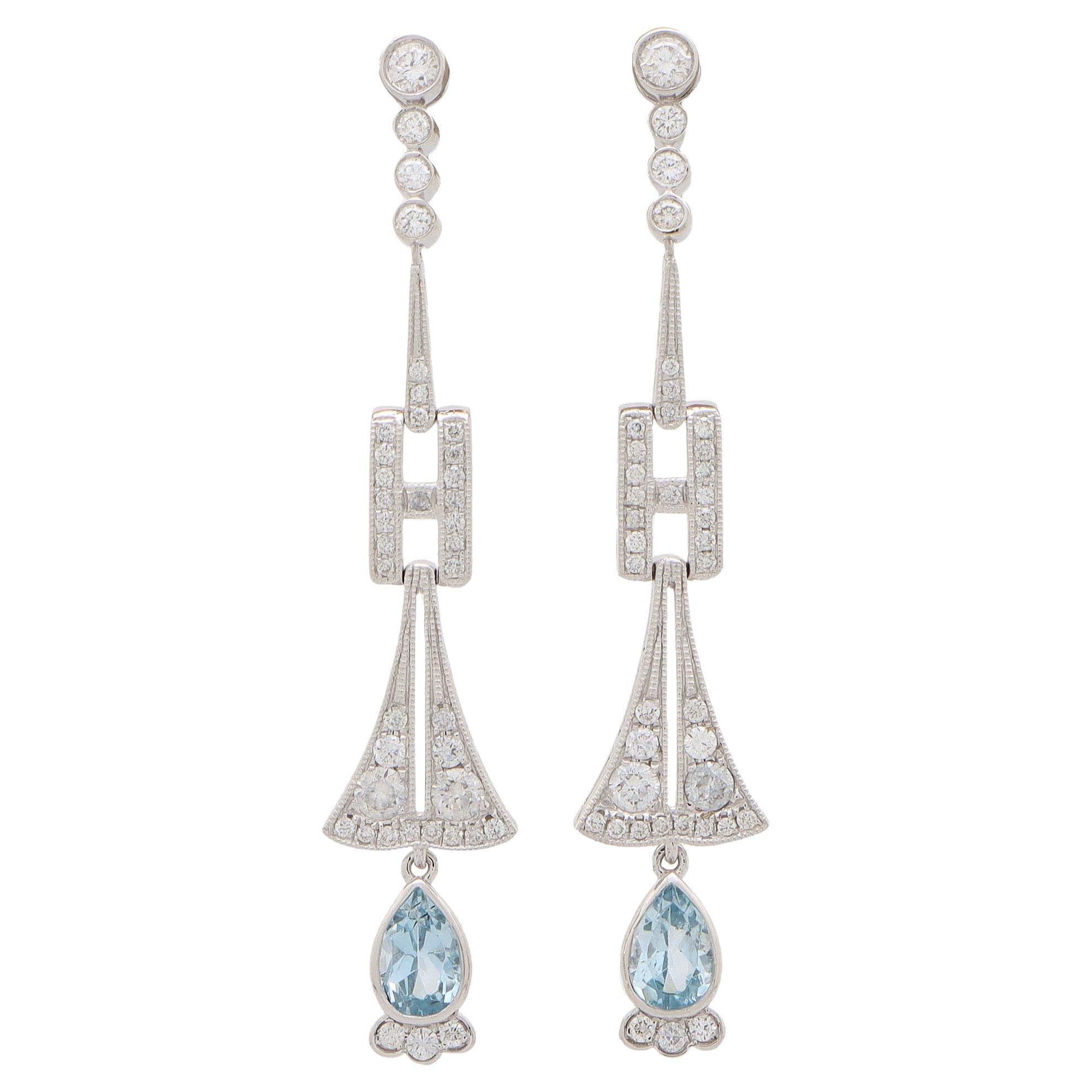  Art Deco Style Aquamarine and Diamond Drop Earrings Set in 18k White Gold