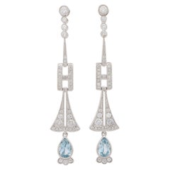  Art Deco Style Aquamarine and Diamond Drop Earrings Set in 18k White Gold
