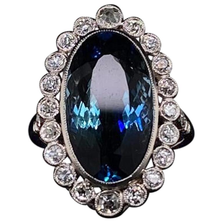 Art Deco Style Aquamarine and Diamond Oval Platinum Cluster Engagement Ring