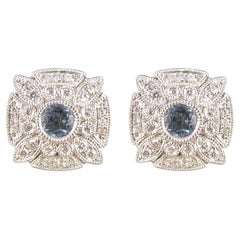 Art Deco Style Aquamarine and Diamond Patterned Cluster Earrings in White Gold