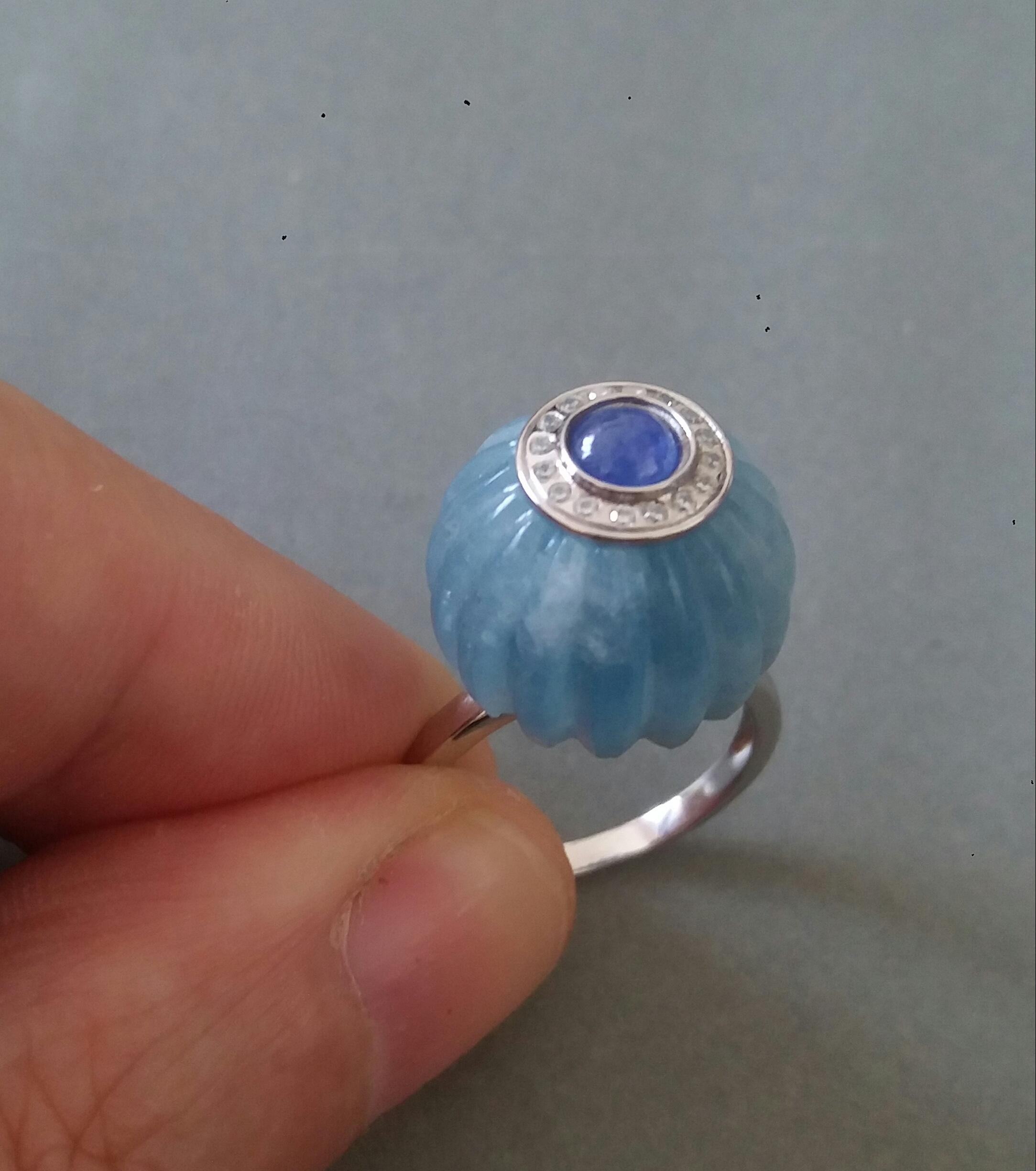 Art Deco Style Aquamarine Carved Ball Blue Sapphire Gold Diamonds Cocktail Ring For Sale 5